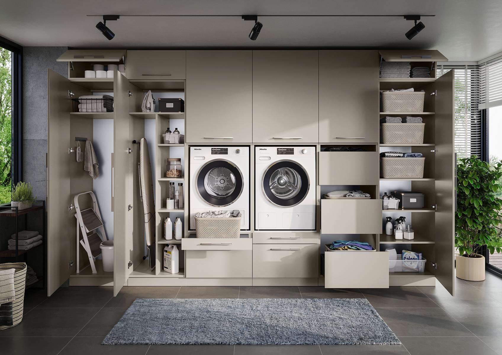 Set per lavanderia “Ultra” – Soluzione completa con 2 mobili per lavatrice e molto altro ancora. Larghezza/altezza totali: 374/240 cm 