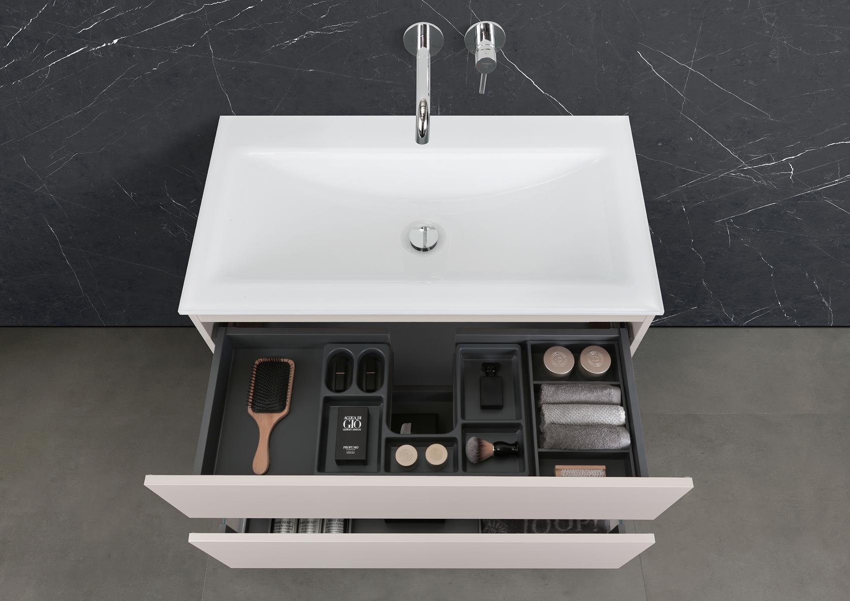 Zafiro - Set di mobili da bagno da 90 cm con lavabo in vetro Optiwhite e mobile sottolavabo senza maniglie