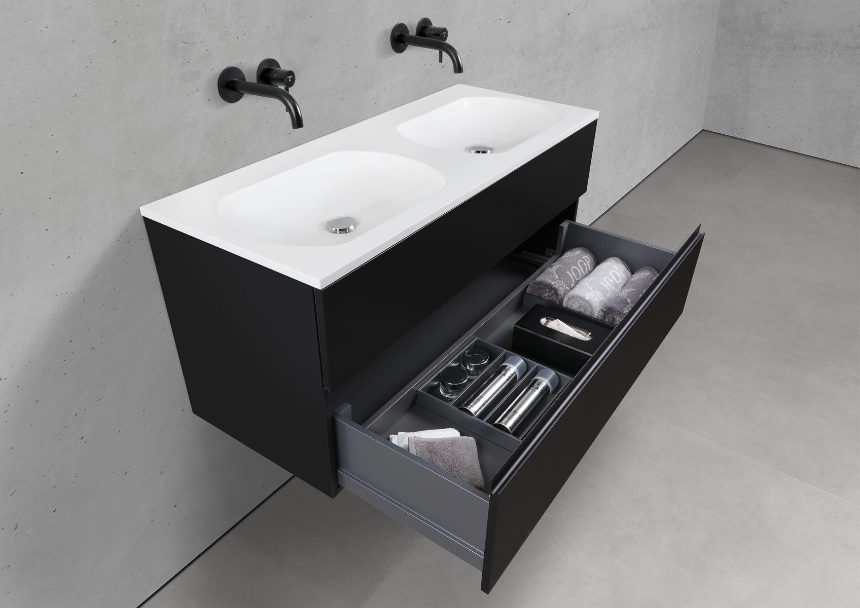 Badmöbel Set Modica 120 cm Doppelwaschtisch & Unterschrank in Schwarz Matt Lack mit Aluminium-Griffleiste schwarz
