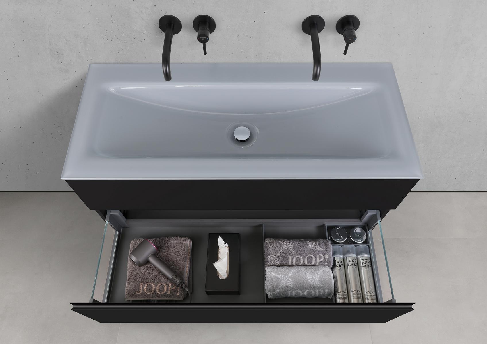 Badmöbel Set Saphir 120 cm Doppelwaschtisch & Unterschrank in Schwarz Matt Lack mit Aluminium-Griffleiste schwarz