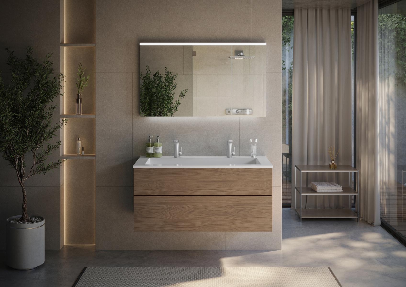 Set da bagno Cubo da 120 cm con doppio lavabo, mobile sottolavabo senza maniglie / Push to Open e specchio con illuminazione a LED, Made in Germany 