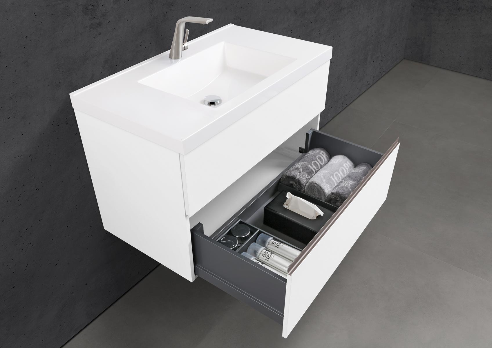 Badmöbel Set Salerno 2.0 90 cm Waschtisch & Unterschrank in Weiß Matt Lack mit Aluminium-Griffleiste Edelstahl