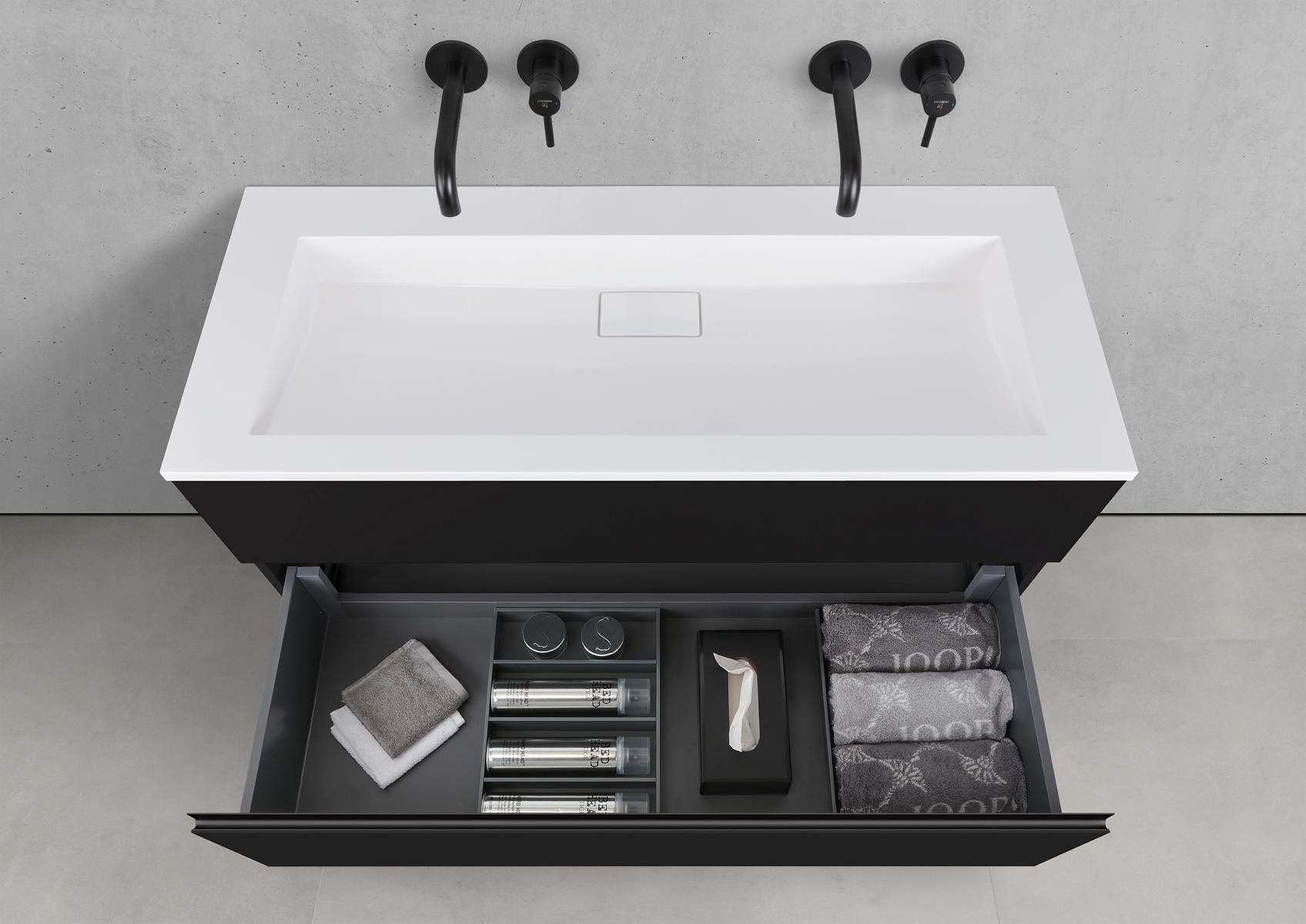 Badmöbel Set CUBO 120 cm Doppelwaschtisch & Unterschrank in Schwarz Matt Lack mit Aluminium-Griffleiste schwarz