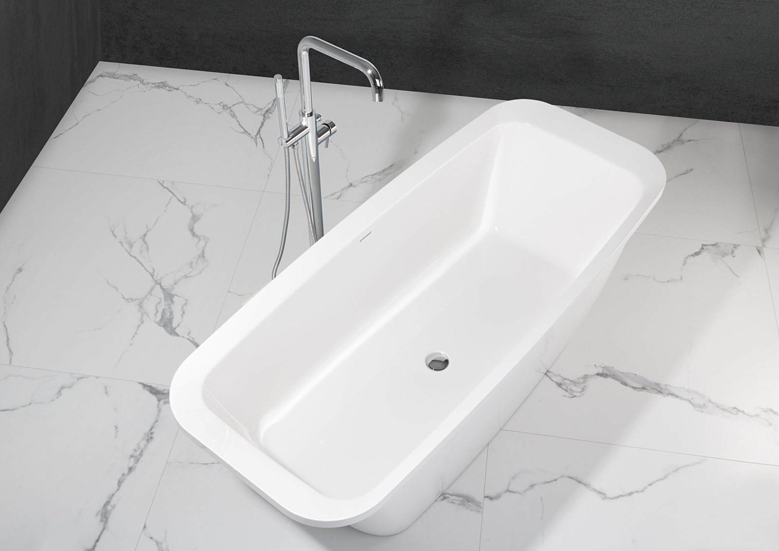 Freistehende Badewanne aus Mineralguss 170x70x61,9 cm in Weiß Glanz