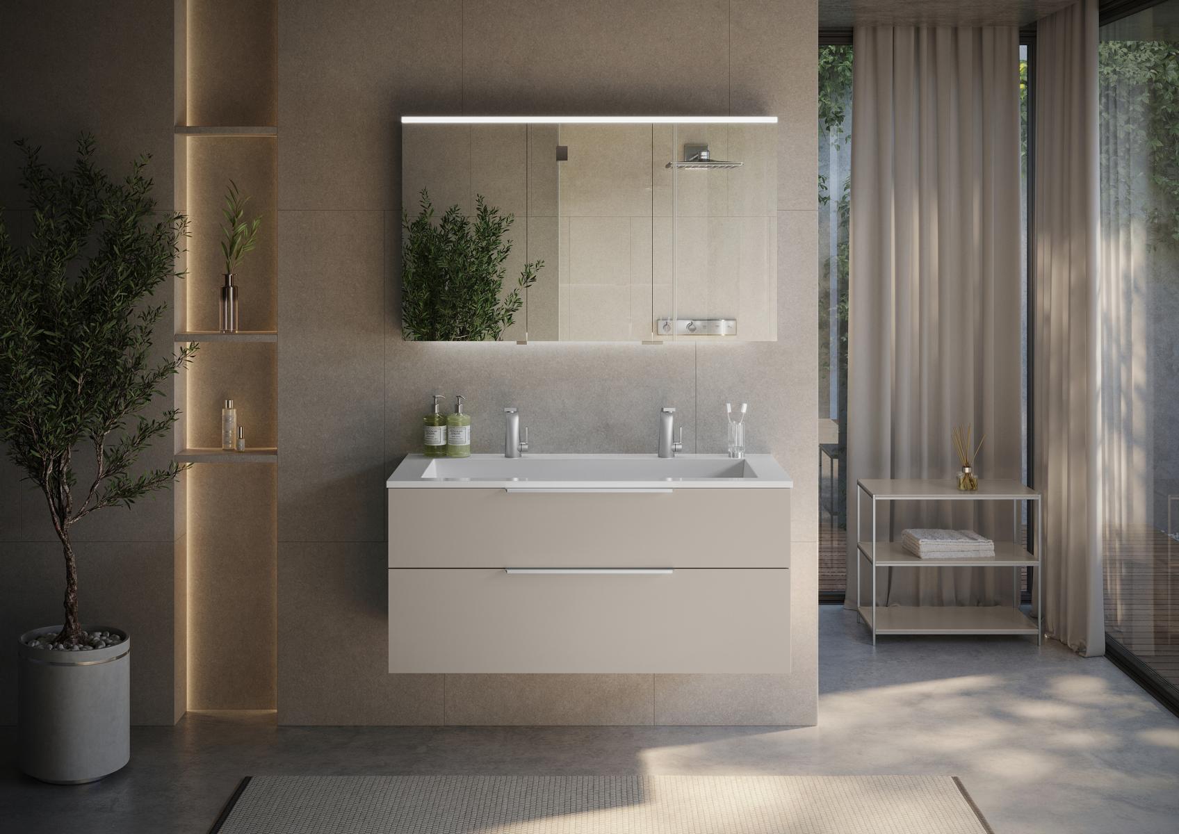 Muebles de baño Cubo: lavabo doble de 120 cm con mueble bajo y armario con espejo con iluminación LED múltiple, fabricado en Alemania