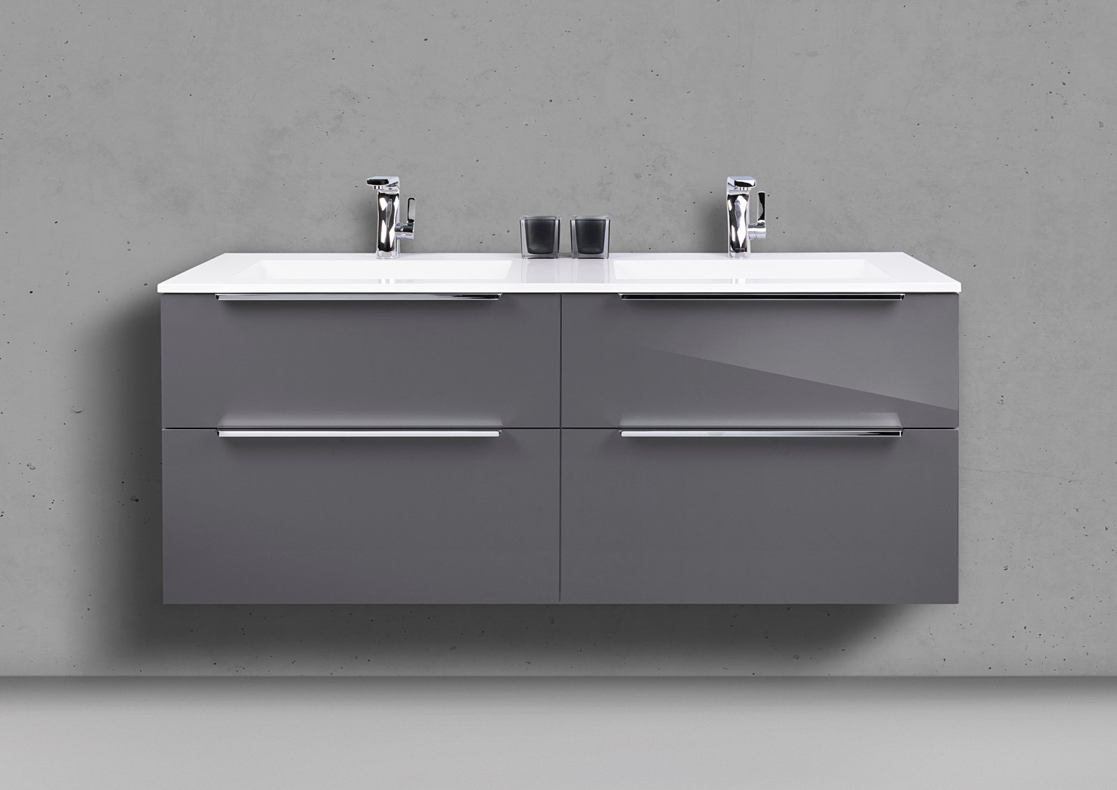 Doppelwaschtisch Evermite 140 cm Badmöbel SKY, Spiegelschrank Led, Grau Hochglanz Lack
