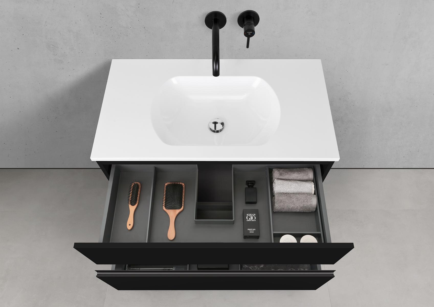 Badmöbel Set Modica 90 cm Waschtisch & Unterschrank in Schwarz Matt Lack mit Aluminium-Griffleiste schwarz