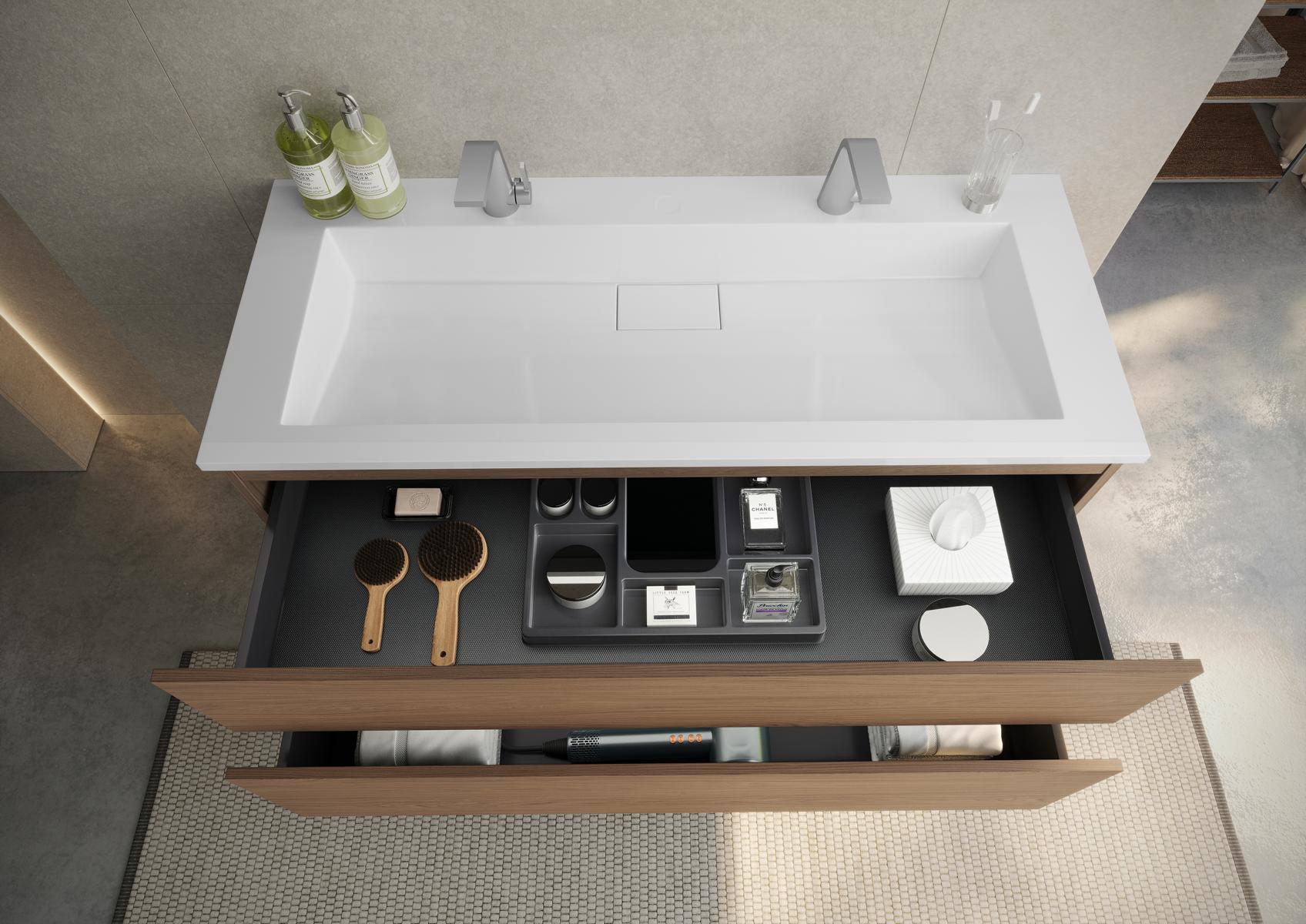 Mobili da bagno Cubo, doppio lavabo da 120 cm con mobile sottolavabo senza maniglie / Push to Open, Made in Germany 