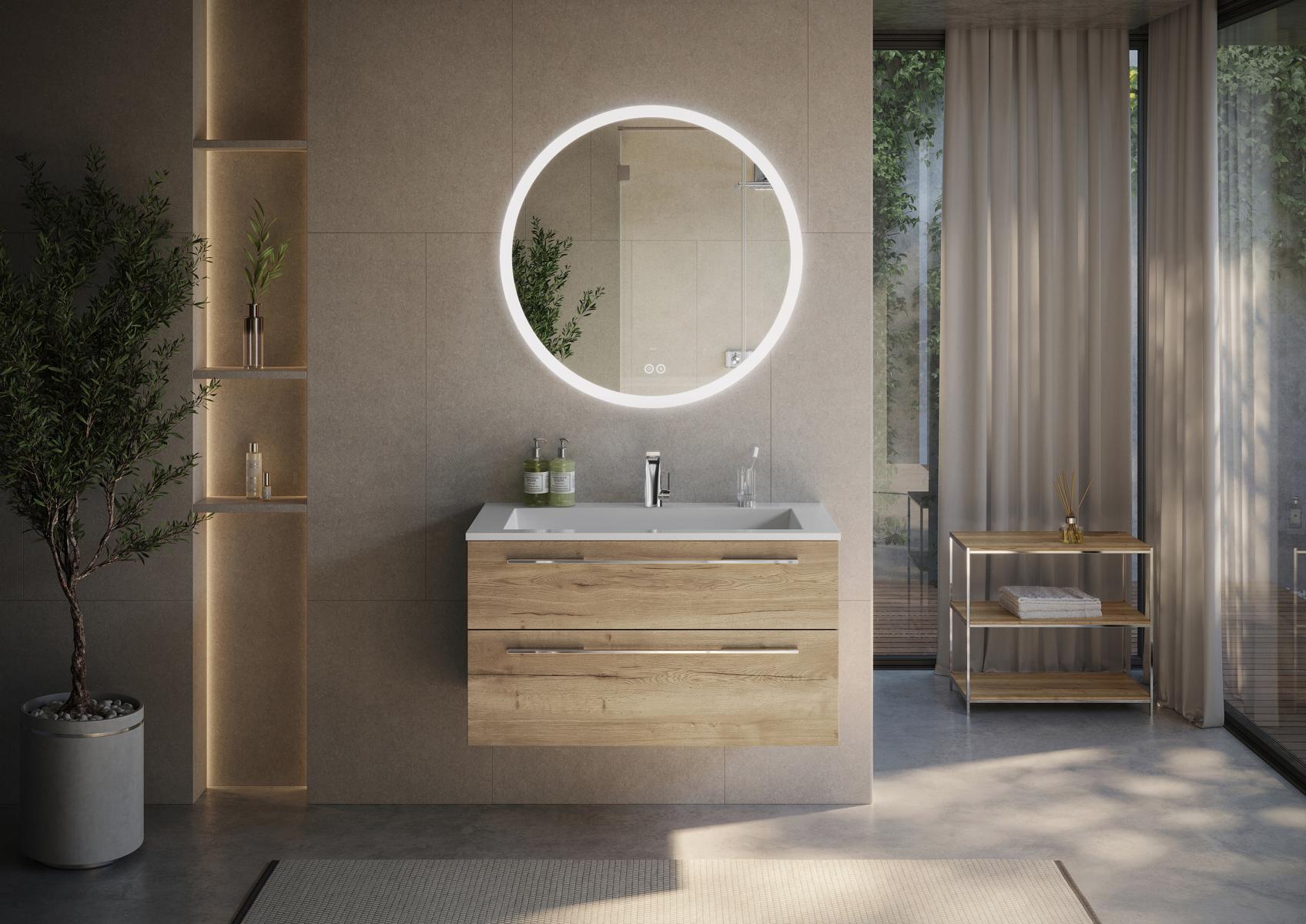 Sada koupelnového nábytku Cubo 100 cm – samostatné umyvadlo se spodní skříňkou a zrcadlem s LED osvětlením Multilight, vyrobeno v Německu 