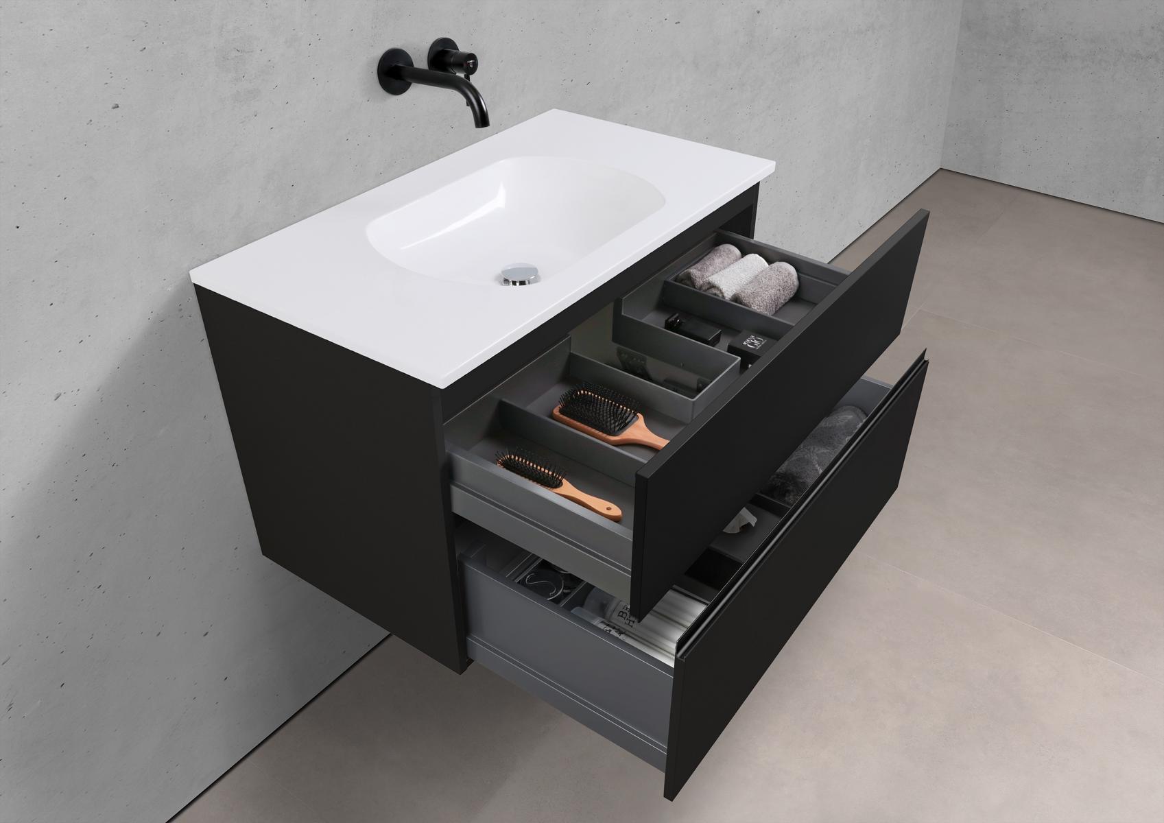 Badmöbel Set Modica 90 cm Waschtisch & Unterschrank in Schwarz Matt Lack mit Aluminium-Griffleiste schwarz