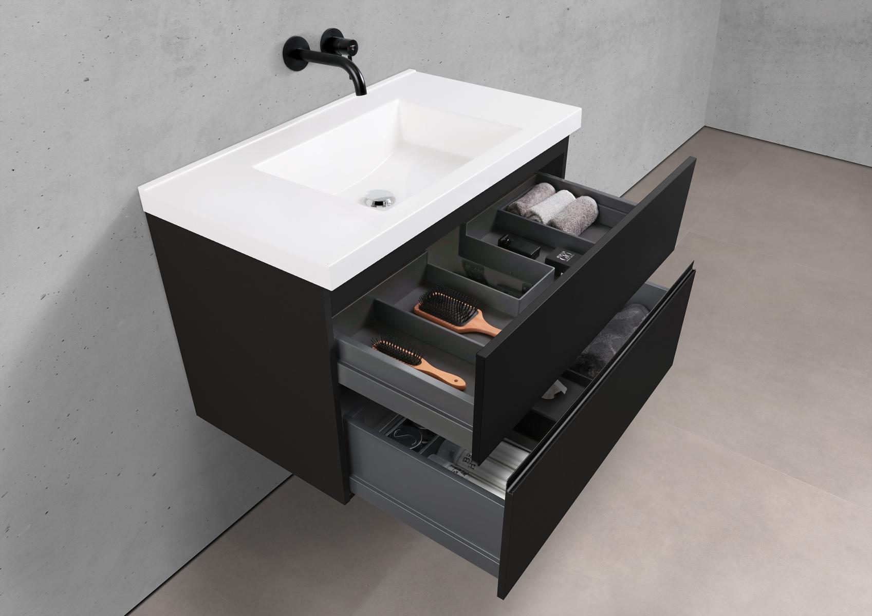Badmöbel Set Salerno 2.0 90 cm Waschtisch & Unterschrank in Schwarz Matt Lack mit Aluminium-Griffleiste schwarz