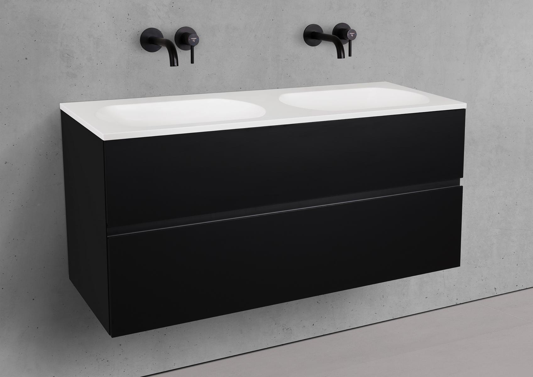 Badmöbel Set Modica 120 cm Doppelwaschtisch & Unterschrank in Schwarz Matt Lack mit Aluminium-Griffleiste schwarz