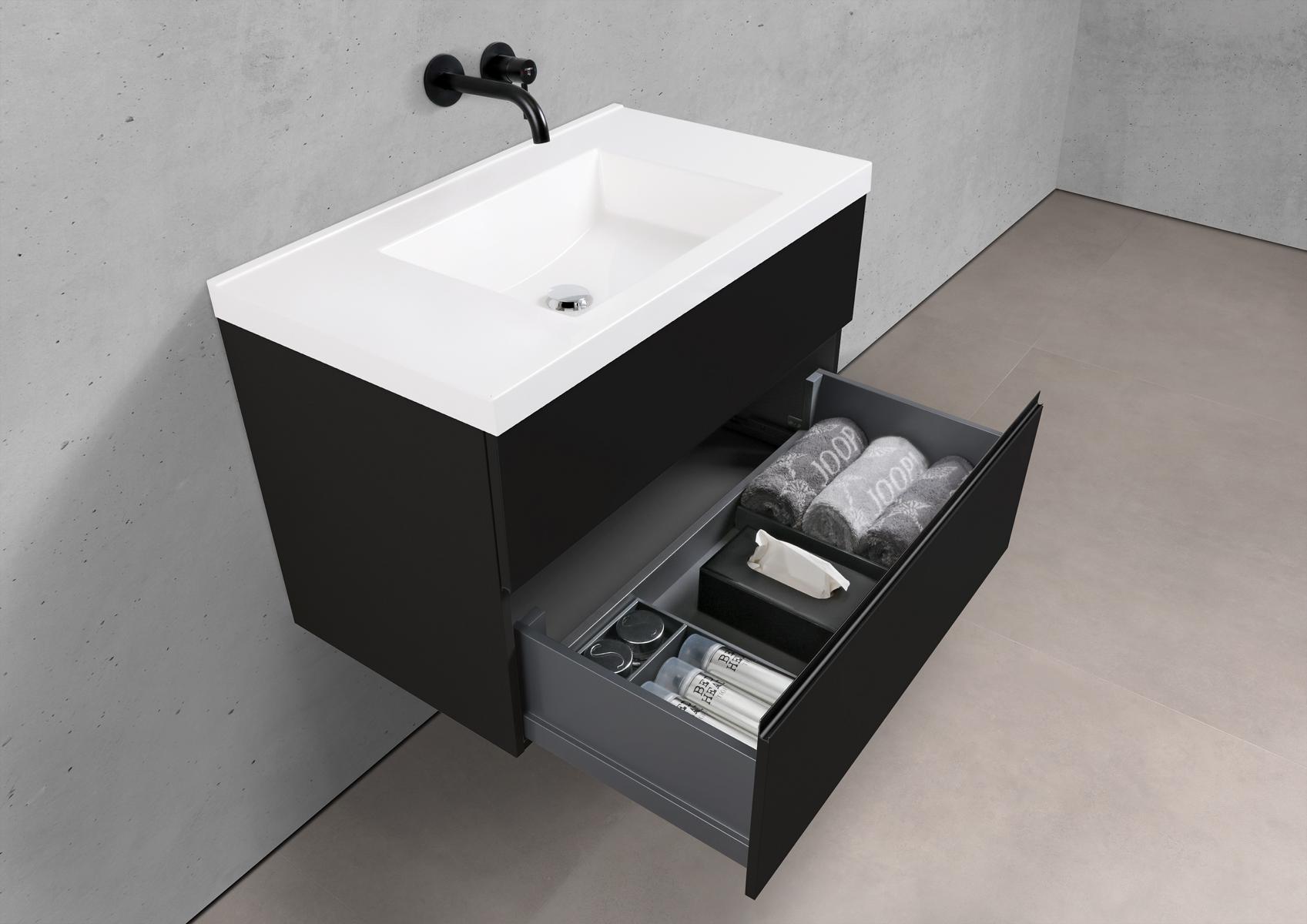 Badmöbel Set Salerno 2.0 90 cm Waschtisch & Unterschrank in Schwarz Matt Lack mit Aluminium-Griffleiste schwarz