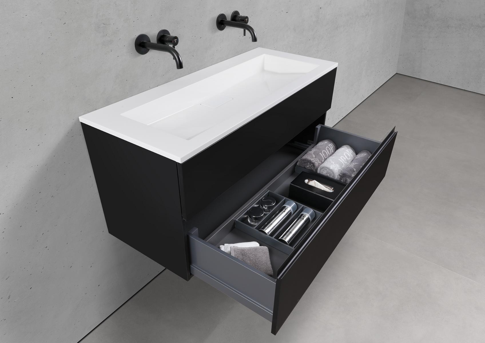 Badmöbel Set CUBO 120 cm Doppelwaschtisch & Unterschrank in Schwarz Matt Lack mit Aluminium-Griffleiste schwarz