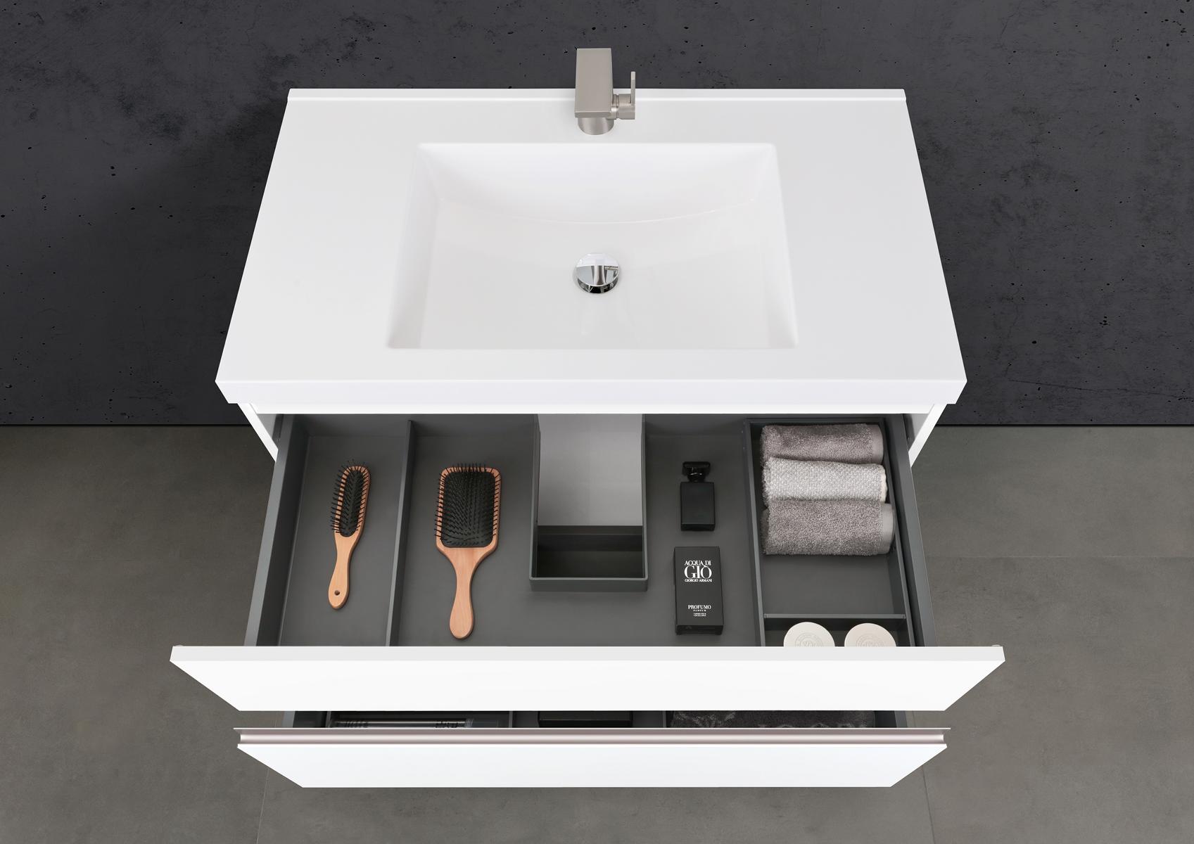 Badmöbel Set Salerno 2.0 90 cm Waschtisch & Unterschrank in Weiß Matt Lack mit Aluminium-Griffleiste Edelstahl