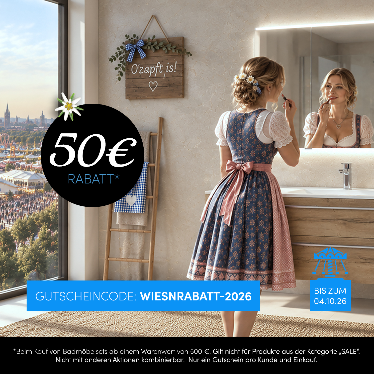 Frau im Dirndl vor modernem Badezimmerspiegel – Oktoberfest-Aktion für Badmöbelsets mit 50 € Rabatt und Gutscheincode WIESNRABATT-2026 bis 04.10.26