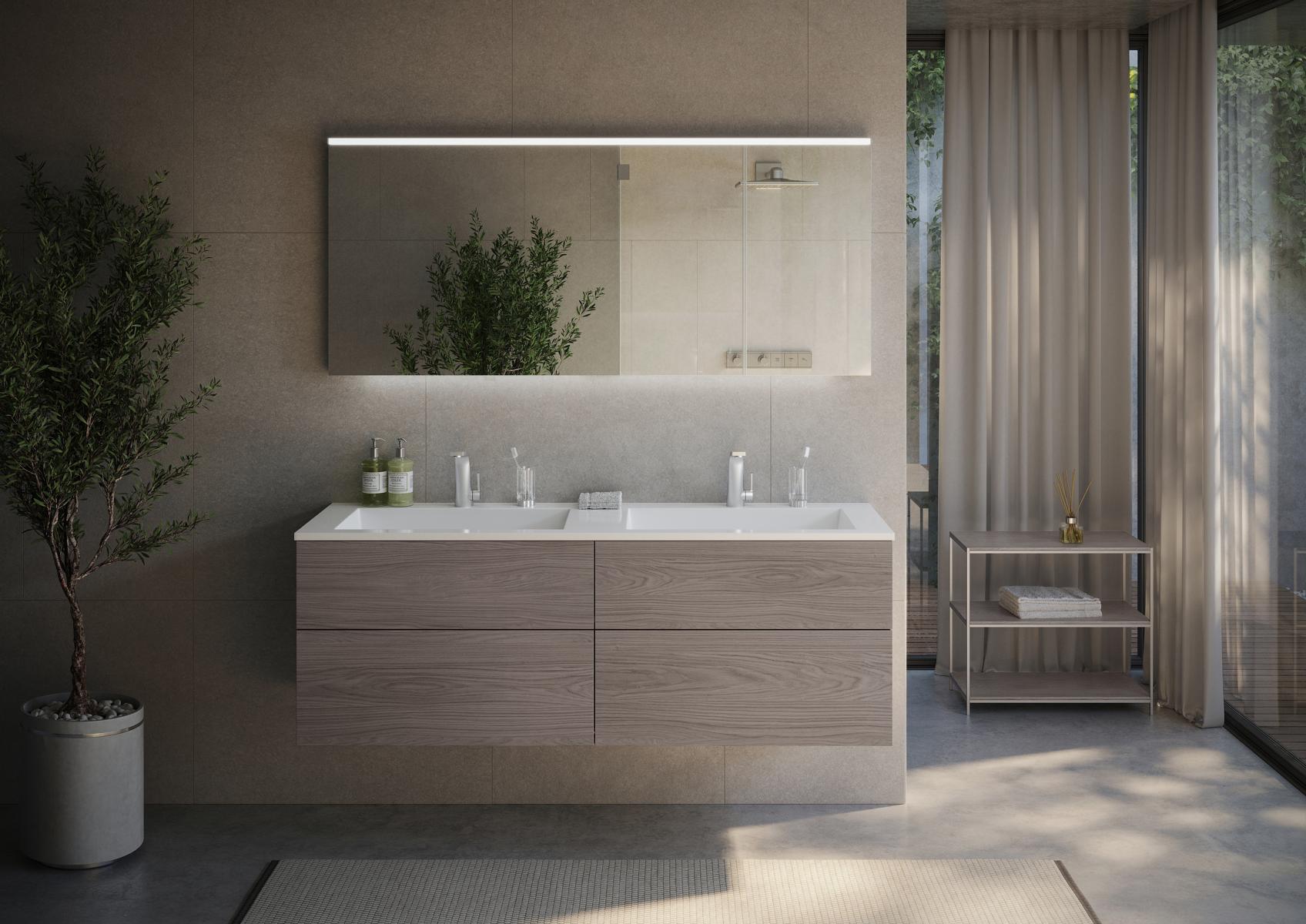 Ensemble de meubles de salle de bains Cubo 160 cm double lavabo avec meuble bas sans poignée / Push to Open et miroir LED, Made in Germany