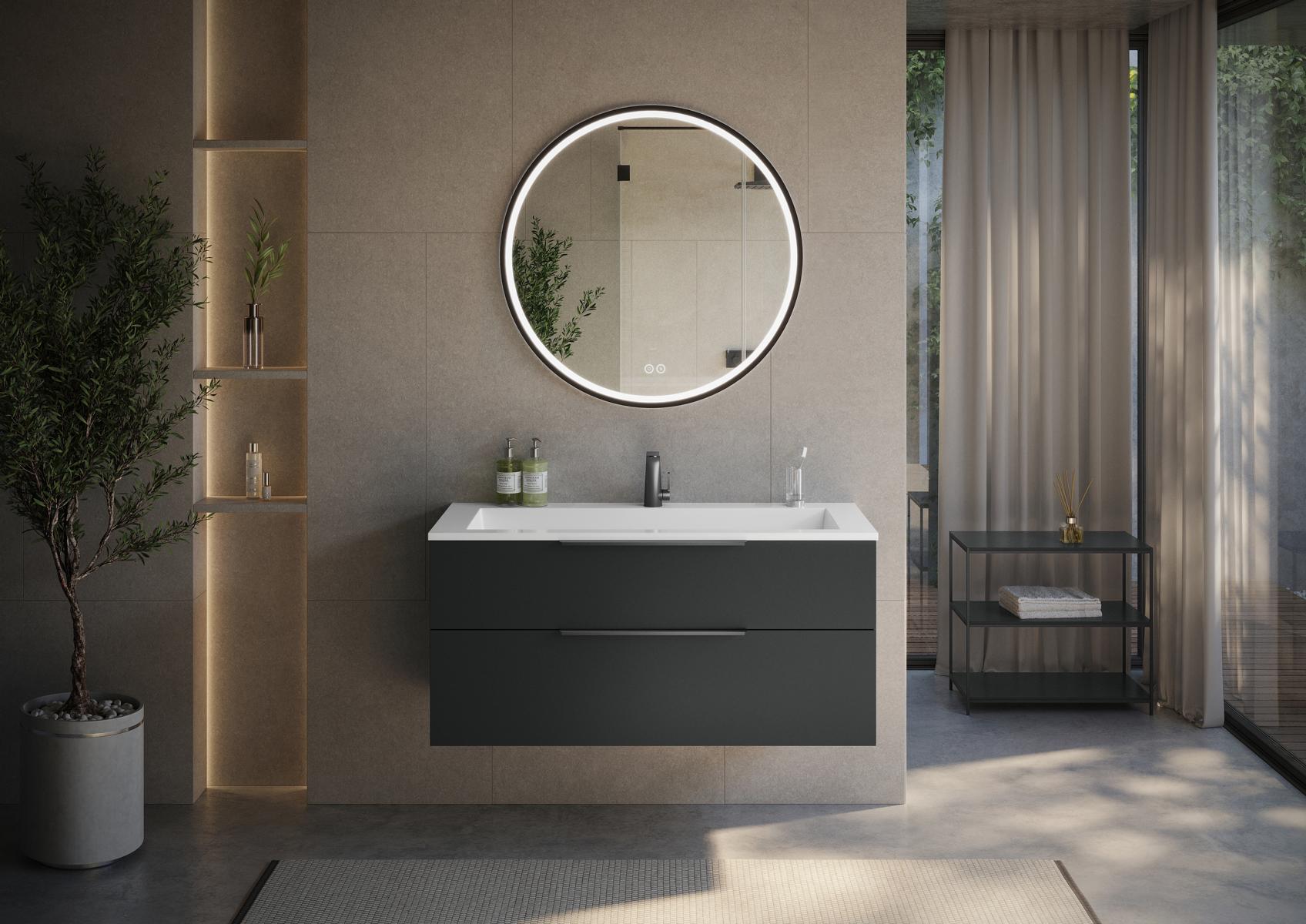 Set di mobili da bagno Cubo: lavabo singolo da 120 cm con mobile sottolavabo e specchio con illuminazione LED Multilight, Made in Germany 