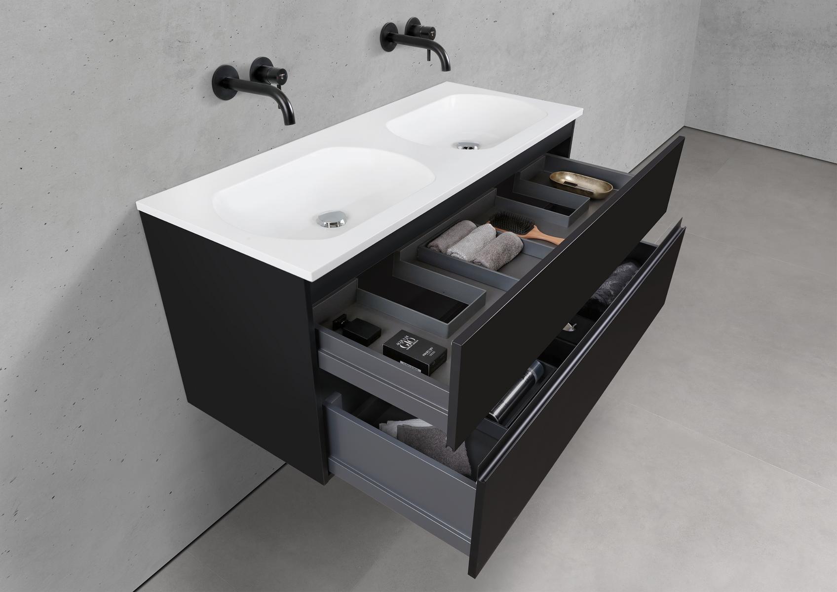 Badmöbel Set Modica 120 cm Doppelwaschtisch & Unterschrank in Schwarz Matt Lack mit Aluminium-Griffleiste schwarz