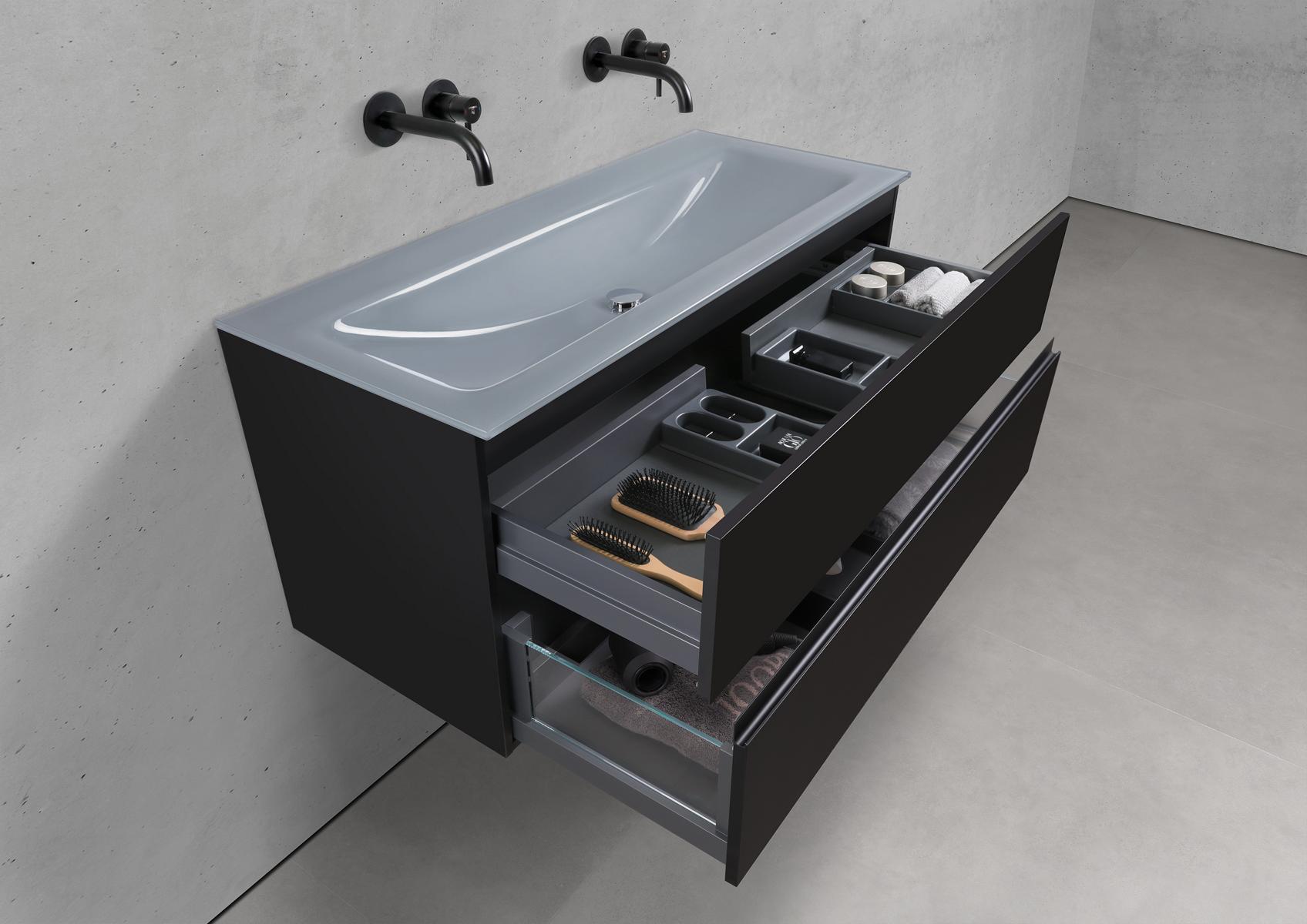 Badmöbel Set Saphir 120 cm Doppelwaschtisch & Unterschrank in Schwarz Matt Lack mit Aluminium-Griffleiste schwarz