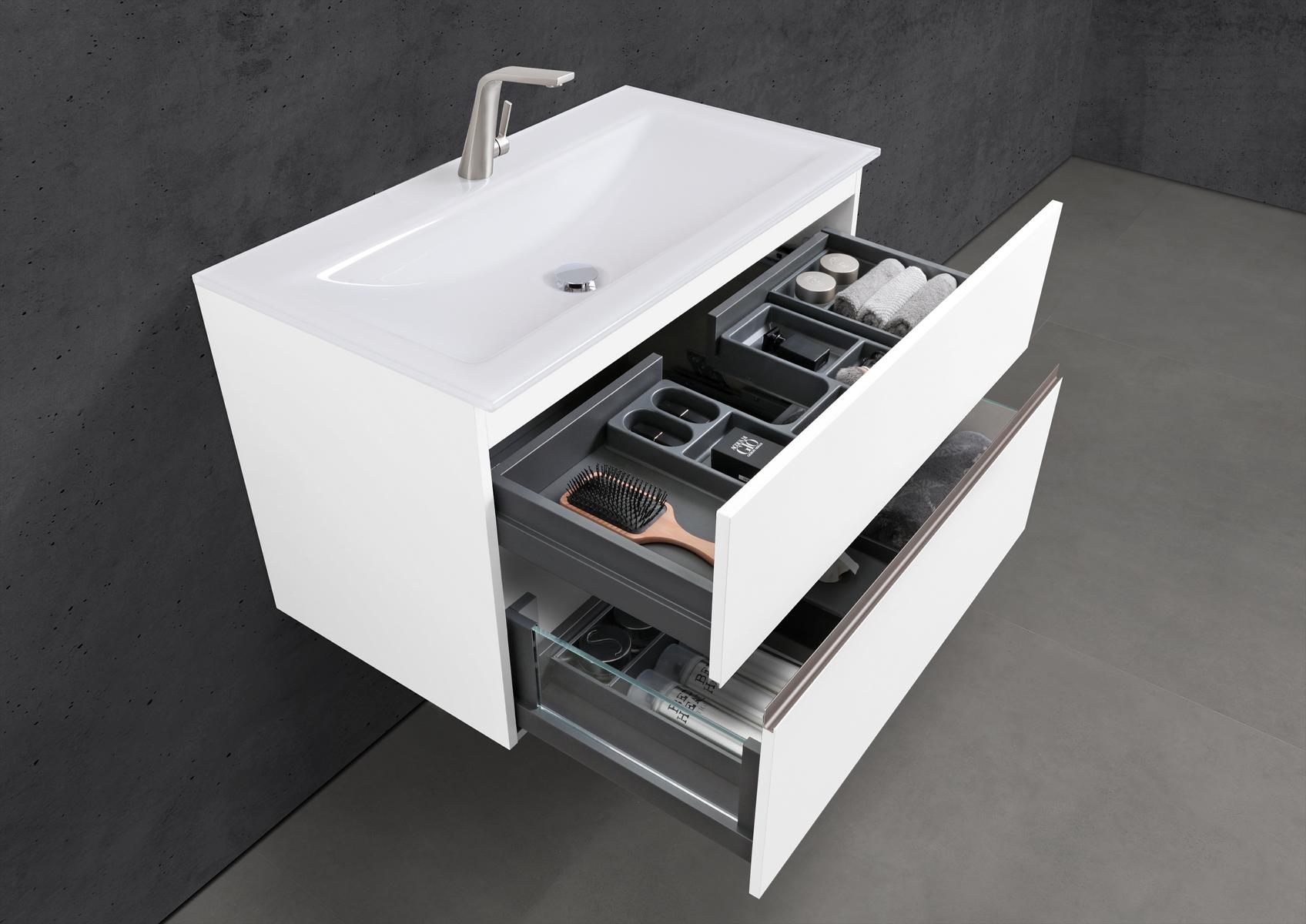Badmöbel Set Saphir 90 cm Waschtisch & Unterschrank in Weiß Matt Lack mit Aluminium-Griffleiste edelstahl
