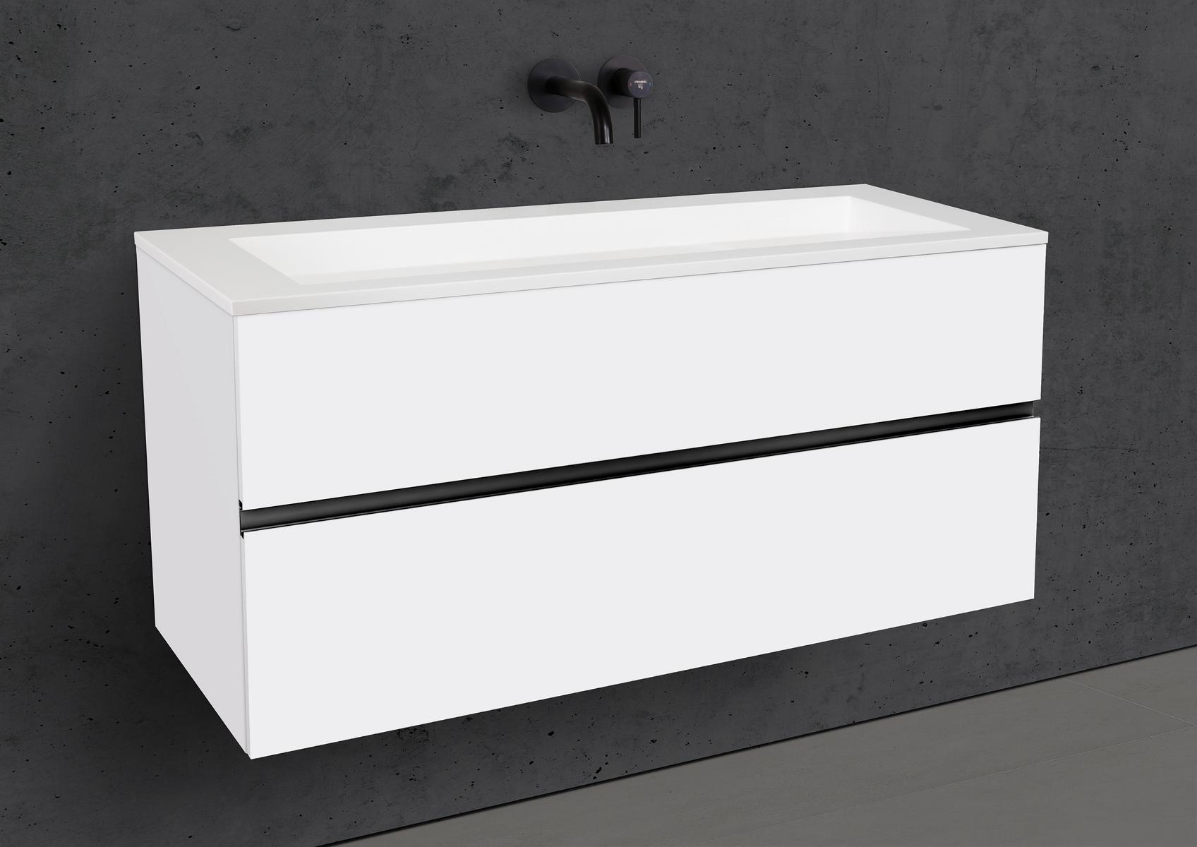 Badmöbel Set Cubo 120 cm Waschtisch & Unterschrank in Weiß Matt Lack mit Aluminium-Griffleiste schwarz