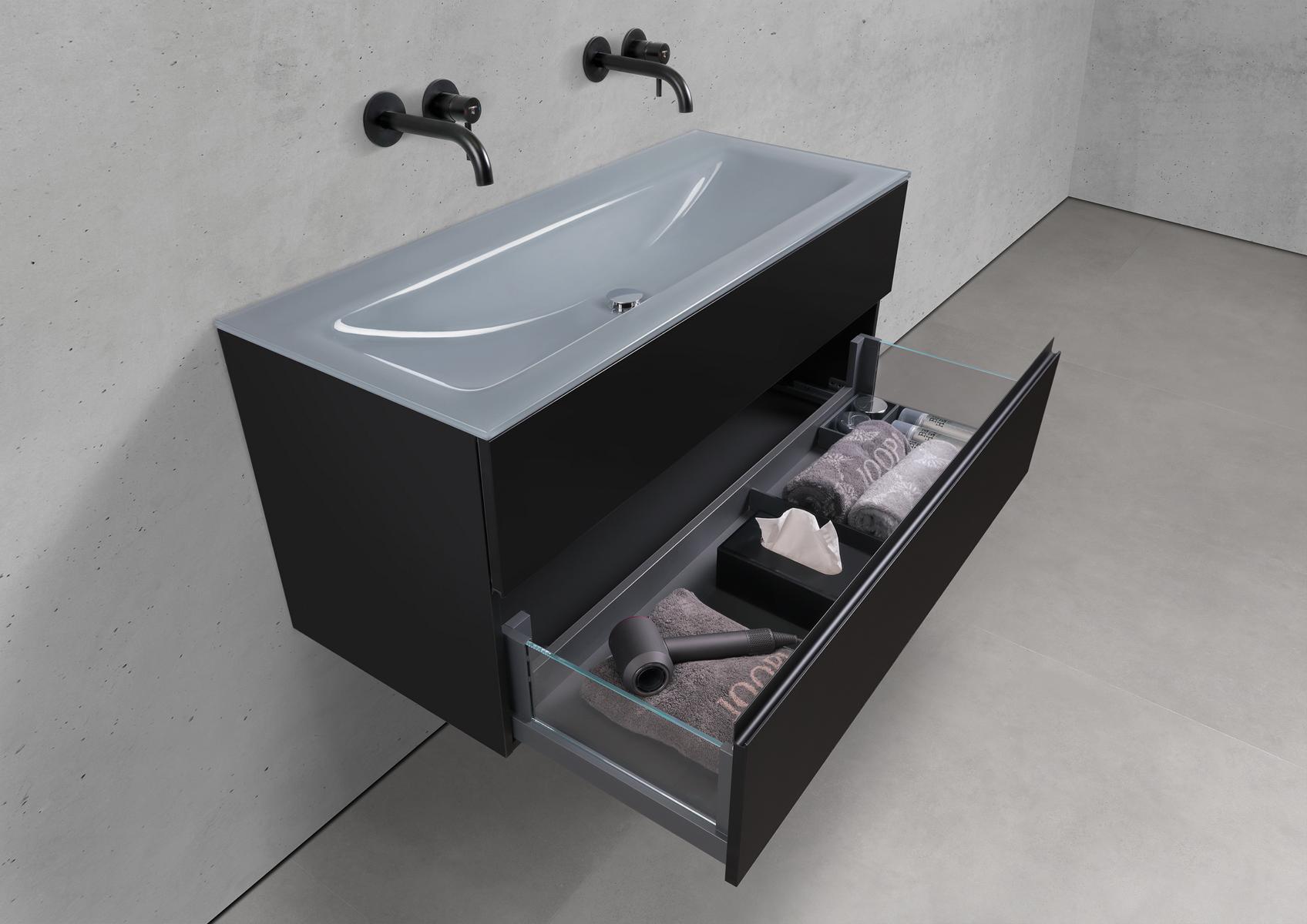 Badmöbel Set Saphir 120 cm Doppelwaschtisch & Unterschrank in Schwarz Matt Lack mit Aluminium-Griffleiste schwarz