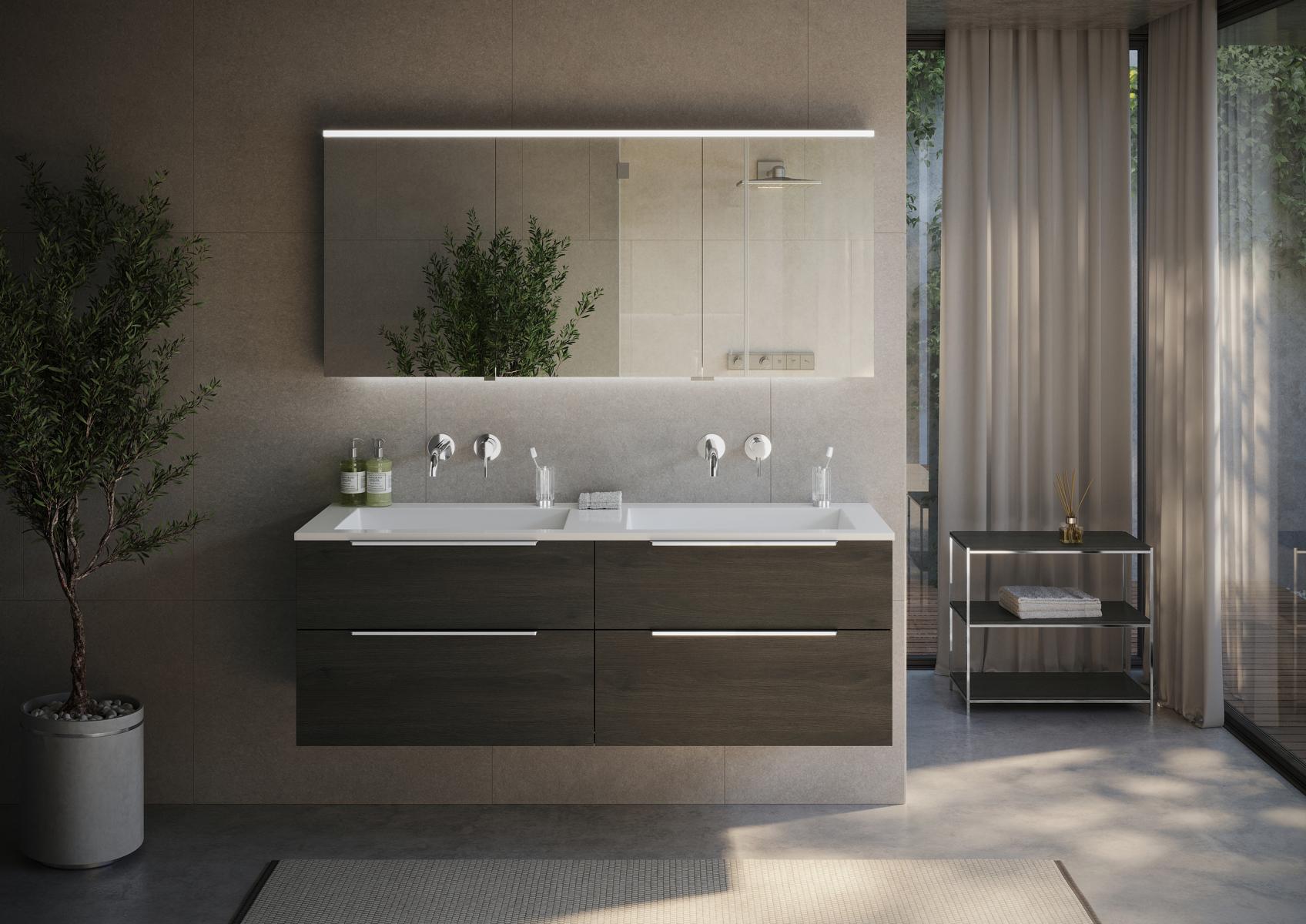 Set di mobili da bagno Cubo da 160 cm con doppio lavabo, mobile sottolavabo e armadio a specchio con illuminazione LED Multilight, Made in Germany