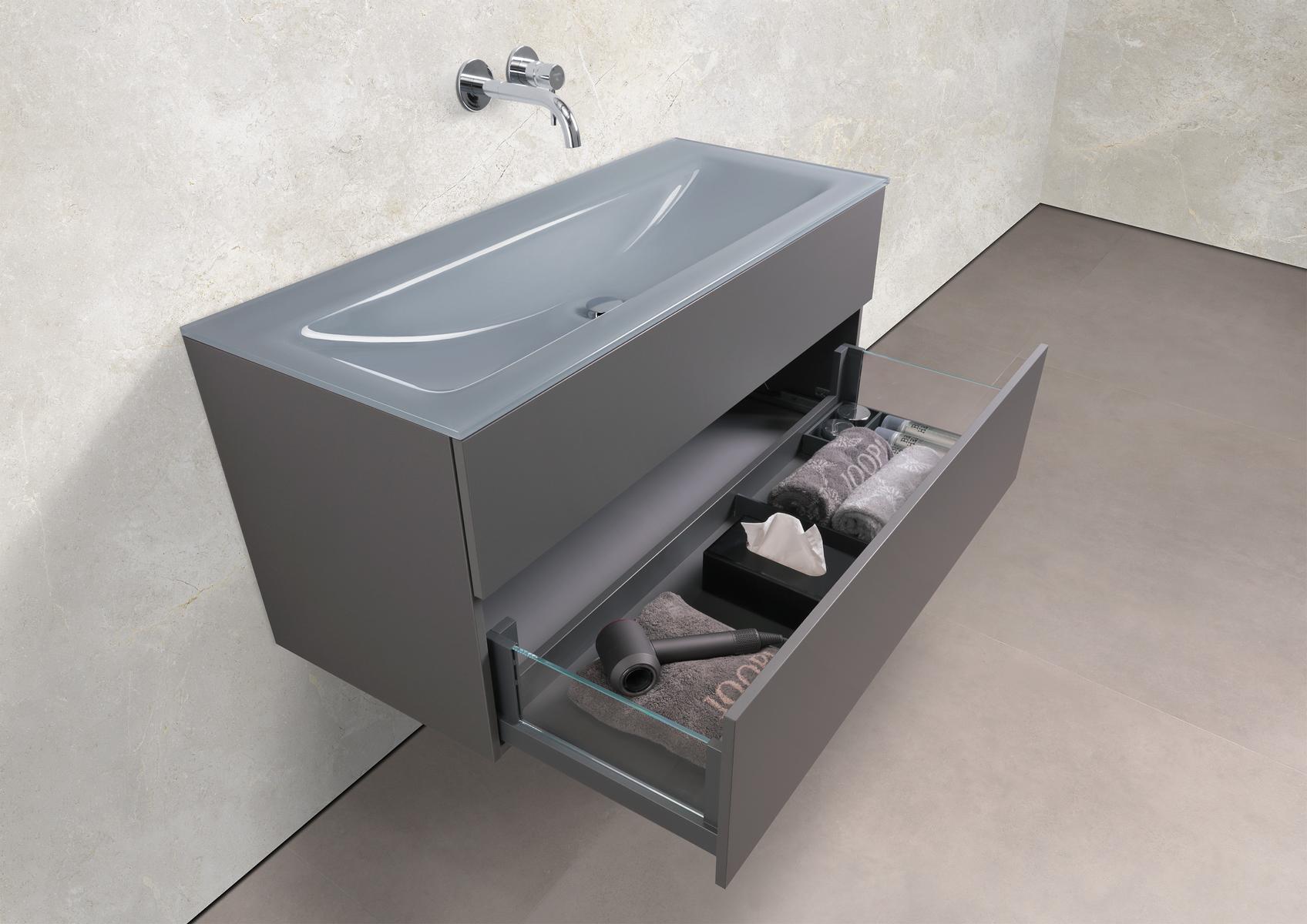 Zafiro - Conjunto de muebles de baño de 120 cm con lavabo de cristal (individual) Optiwhite y mueble bajo sin tiradores 