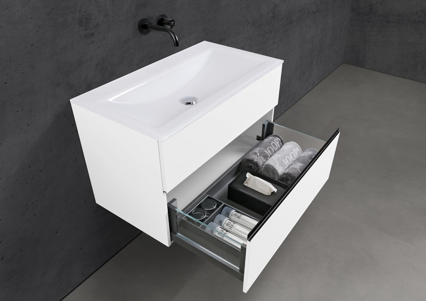 Badmöbel Set Saphir 90 cm Waschtisch & Unterschrank in Weiß Matt Lack mit Aluminium-Griffleiste schwarz