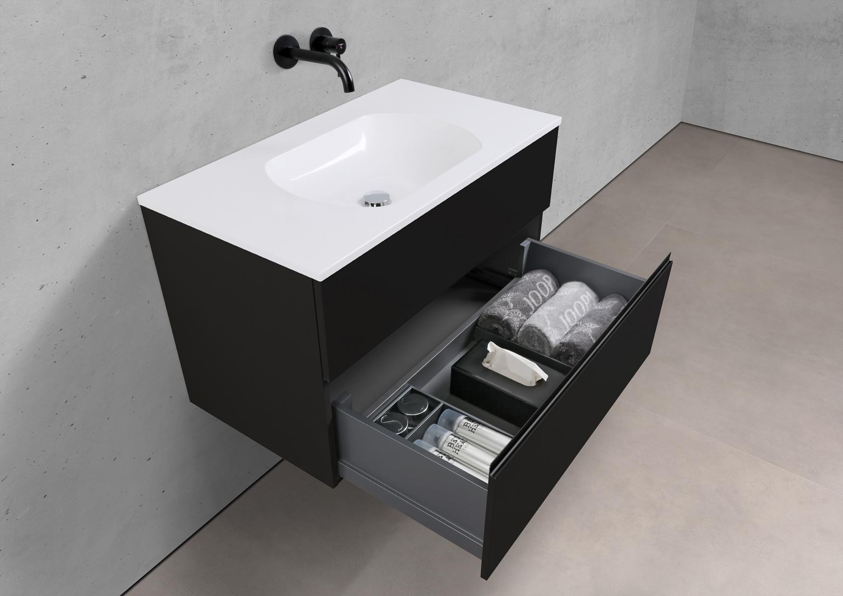 Badmöbel Set Modica 90 cm Waschtisch & Unterschrank in Schwarz Matt Lack mit Aluminium-Griffleiste schwarz