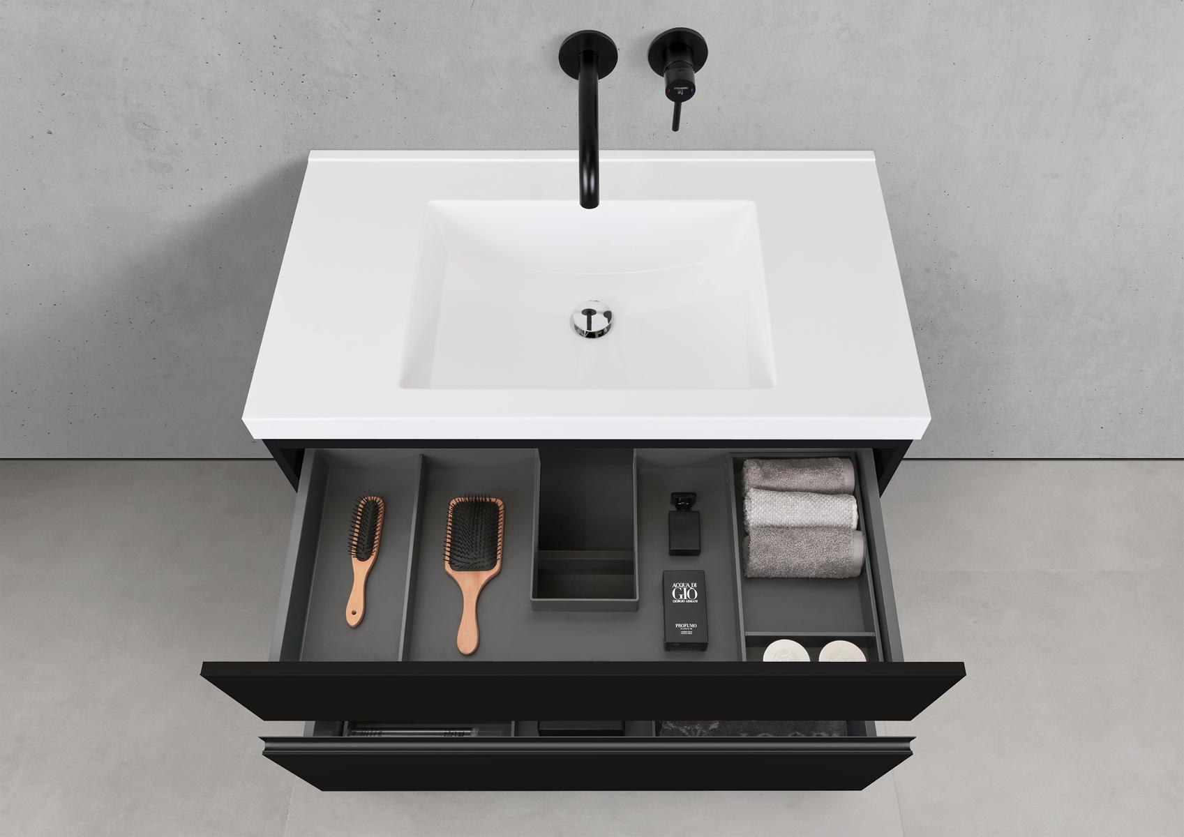 Badmöbel Set Salerno 2.0 90 cm Waschtisch & Unterschrank in Schwarz Matt Lack mit Aluminium-Griffleiste schwarz