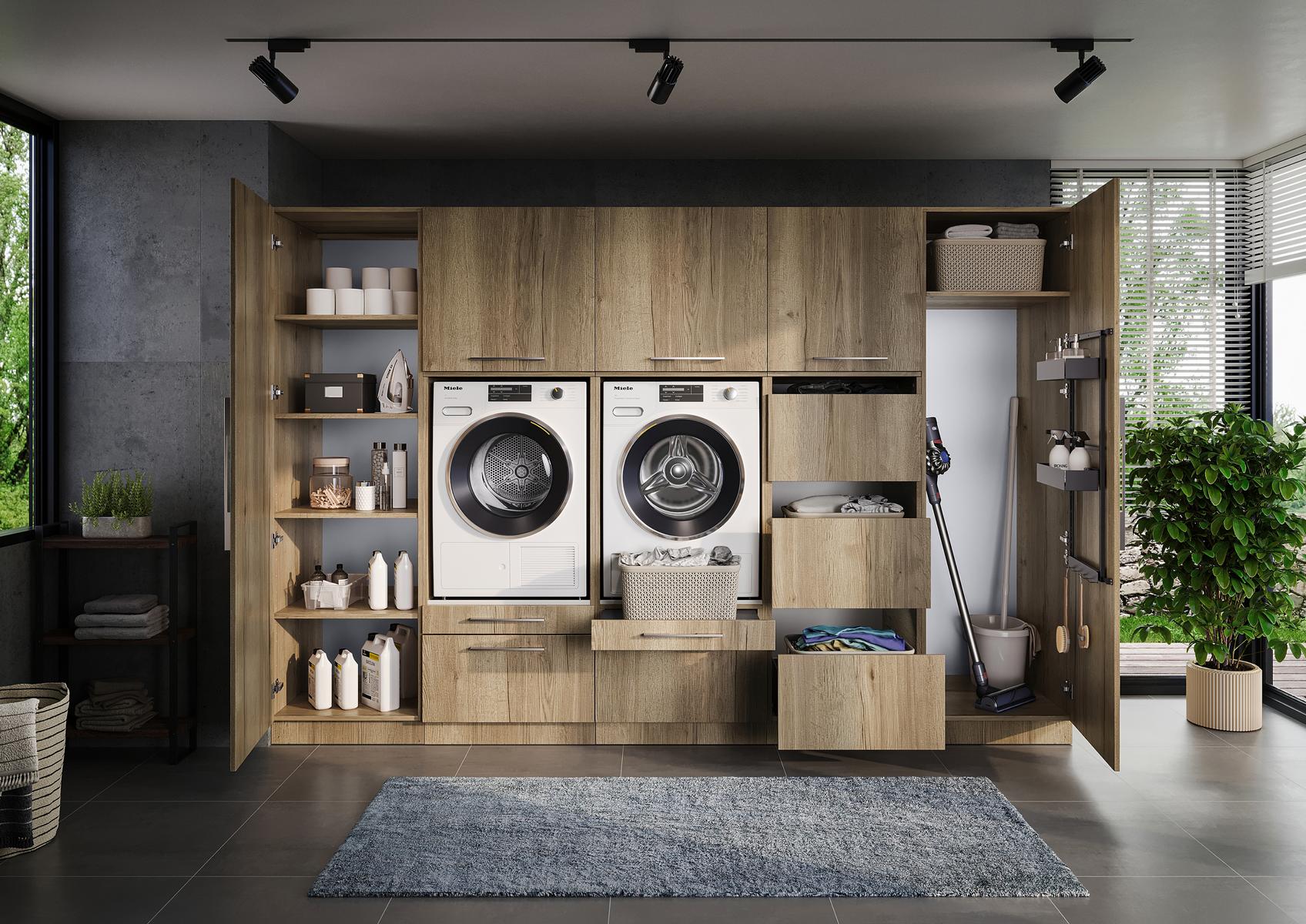 Set per lavanderia Mega con 2 mobili per lavatrice e molto altro ancora. Larghezza/altezza totali: 314/210 cm 