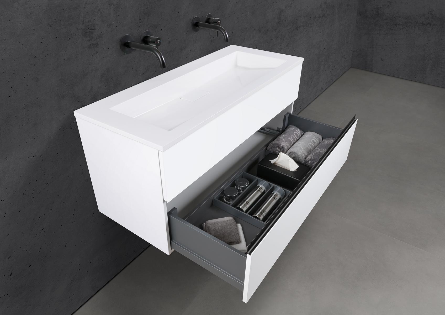 Badmöbel Set CUBO 120 cm Doppelwaschtisch & Unterschrank in Weiß Matt Lack mit Aluminium-Griffleiste schwarz