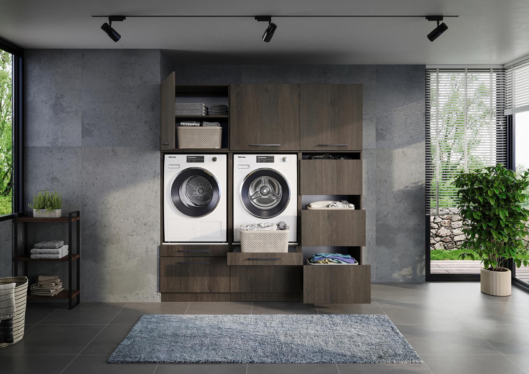 Set per lavanderia Trio con mobile per lavatrice/asciugatrice | Mobile per la raccolta differenziata e pensile. Larghezza/altezza totali 194/210 cm