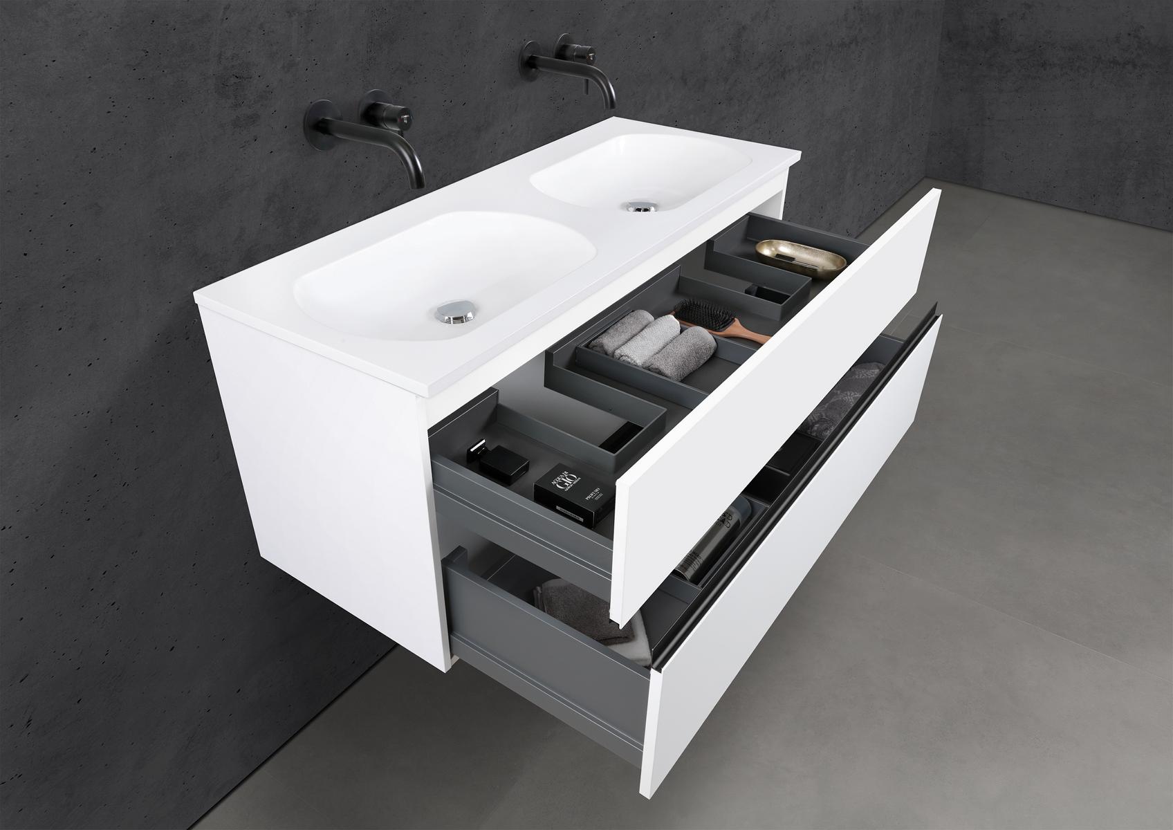 Badmöbel Set Modica 120 cm Doppelwaschtisch & Unterschrank in Weiß Matt Lack mit Aluminium-Griffleiste Schwarz