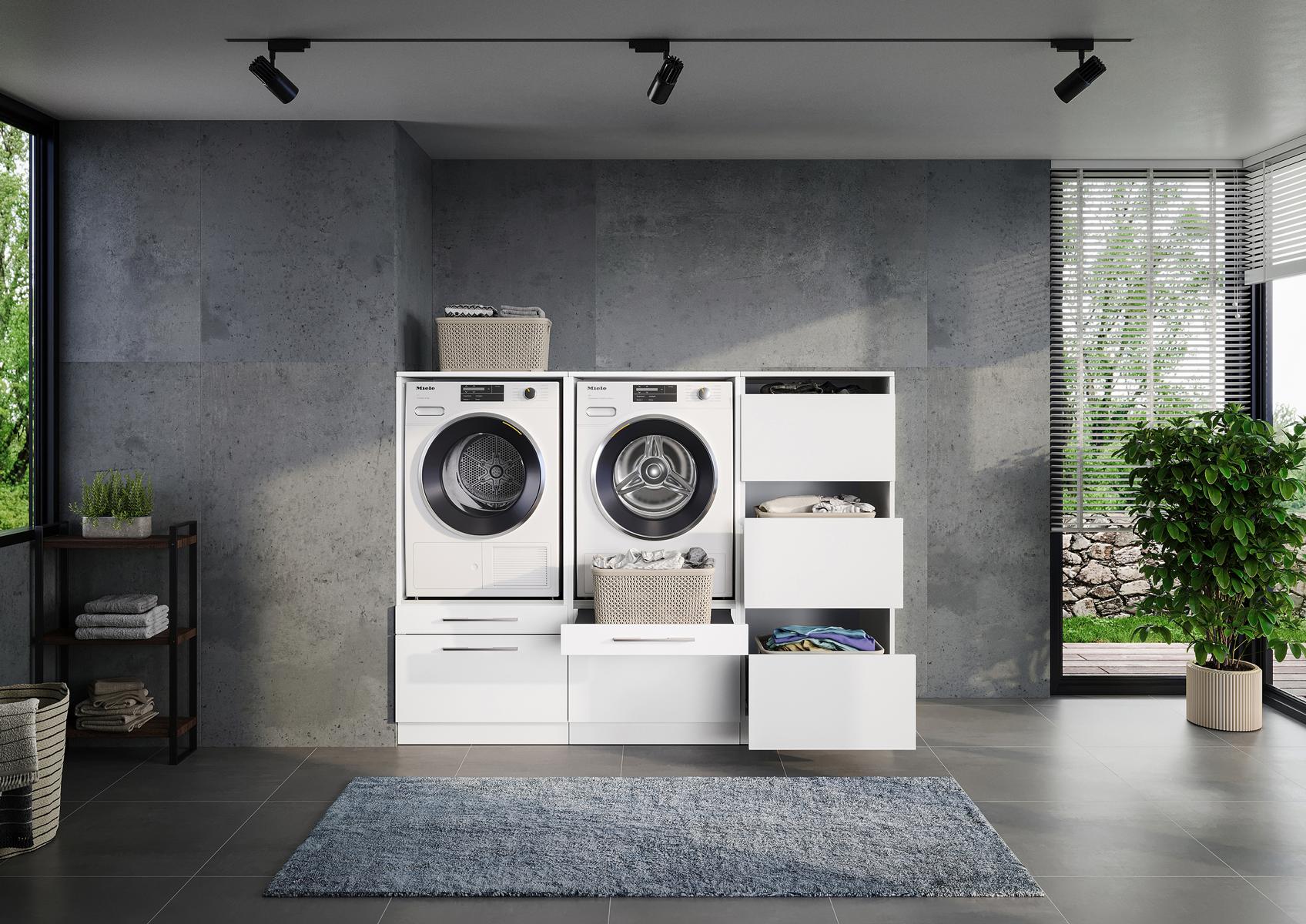 Set per lavanderia Trio con armadio per lavatrice/asciugatrice e armadio per la raccolta differenziata; larghezza/altezza totali 194/146 cm