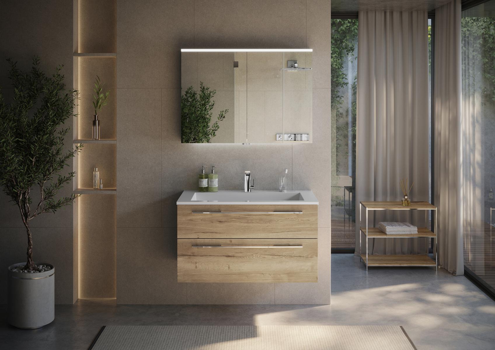 Conjunto de muebles de baño Cubo: lavabo individual de 100 cm con mueble bajo y armario con espejo Multilight, fabricado en Alemania