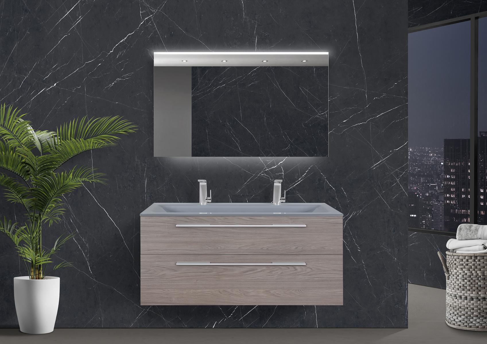 Zafiro - Set di mobili da bagno da 120 cm con lavabo in vetro (doppio) Optiwhite, mobile sottolavabo e specchio illuminato