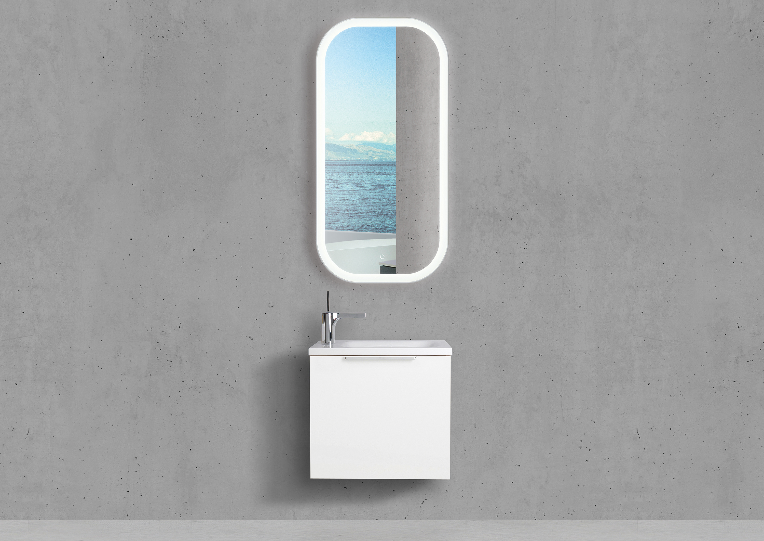 Set di mobili da bagno per ospiti Rimini, lavabo 50x25 cm, specchio di design con illuminazione a LED 