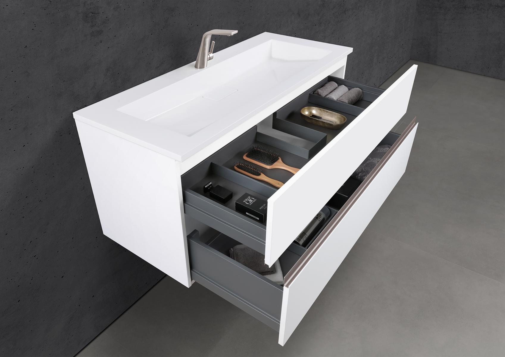 Badmöbel Set Cubo 120 cm Waschtisch & Unterschrank in Weiß Matt Lack mit Aluminium-Griffleiste edelstahl