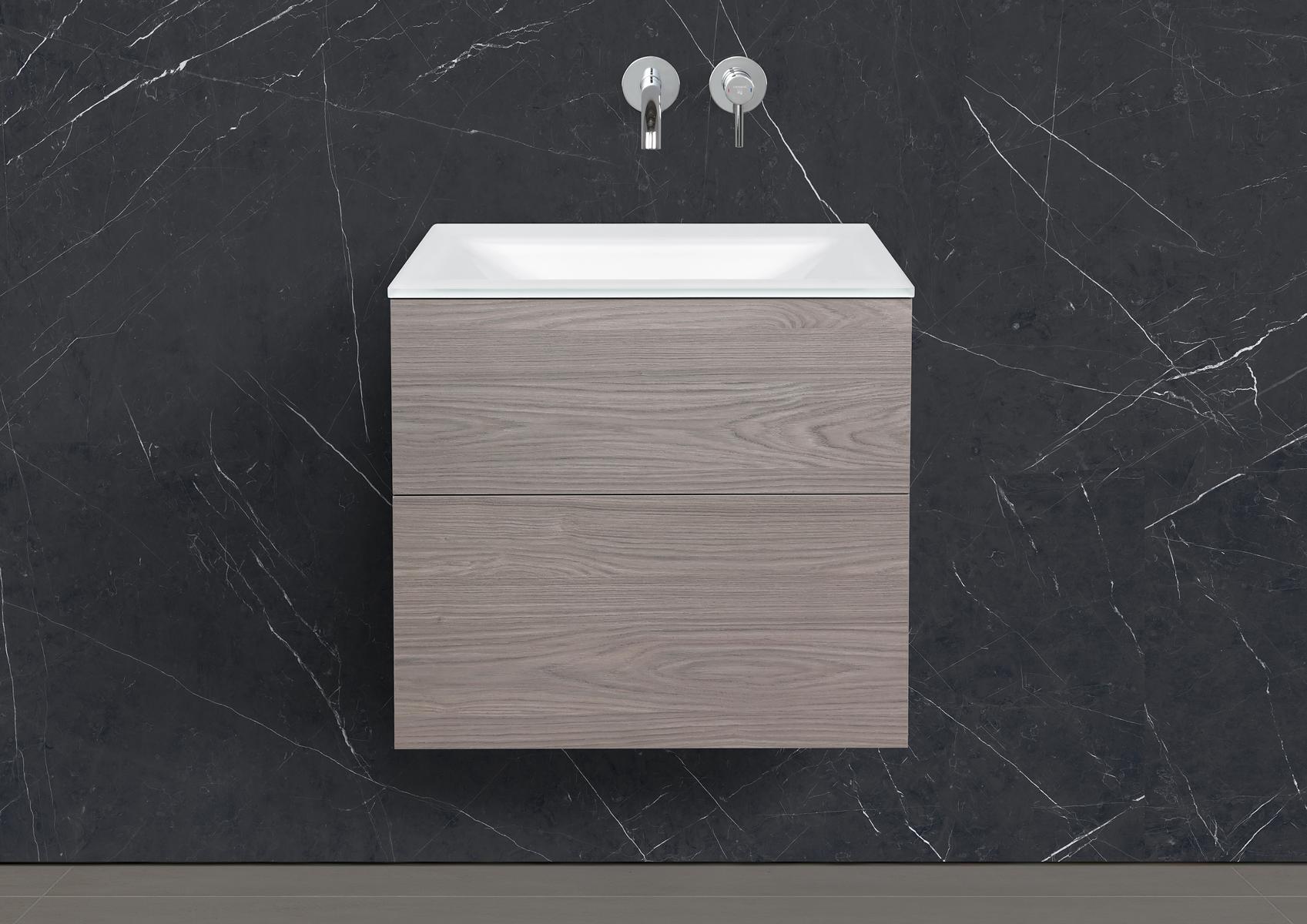 Saphir - Badmöbelset 60 cm mit Glaswaschbecken, griffloser Unterschrank und Lichtspiegel