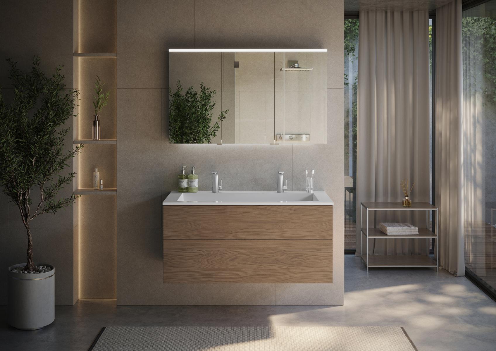 Set da bagno Cubo da 120 cm con doppio lavabo, mobile sottolavabo senza maniglie / Push to Open e armadietto a specchio con illuminazione LED Multilight