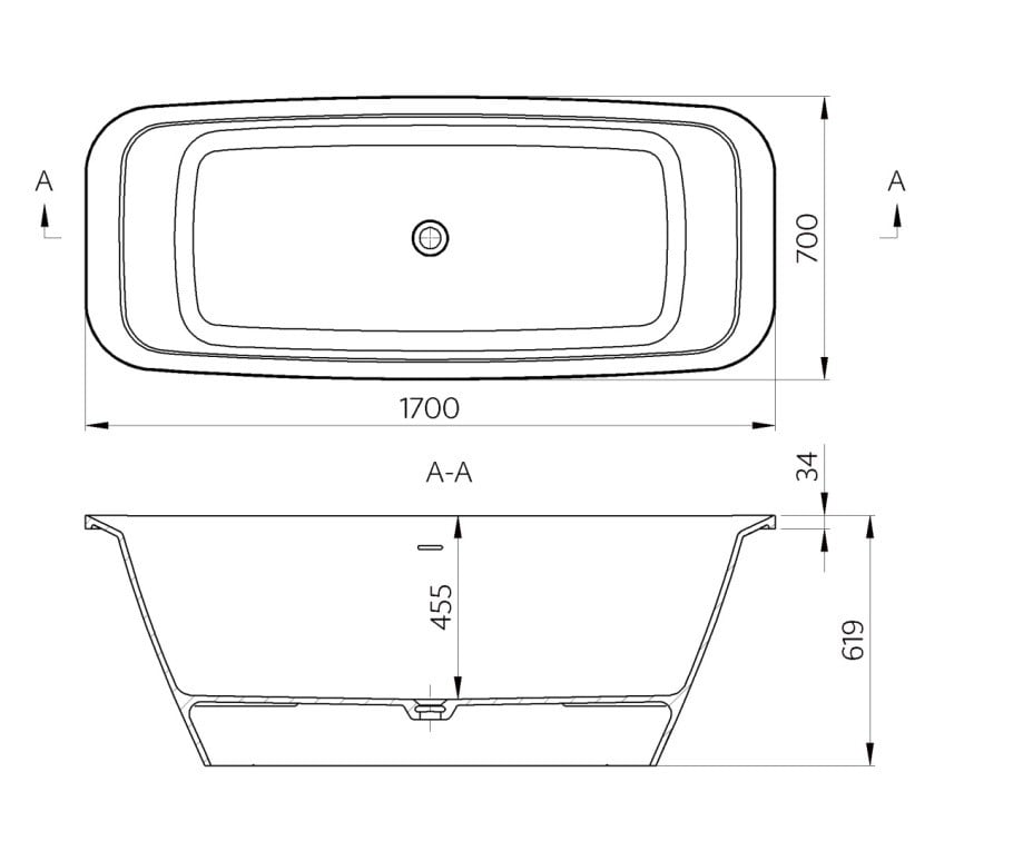 Freistehende Badewanne aus Mineralguss 170x70x61,9 cm in Weiß Glanz