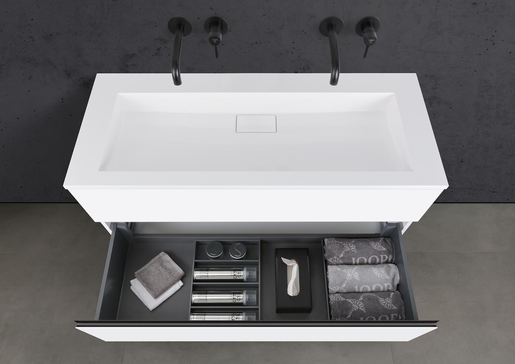 Badmöbel Set CUBO 120 cm Doppelwaschtisch & Unterschrank in Weiß Matt Lack mit Aluminium-Griffleiste schwarz