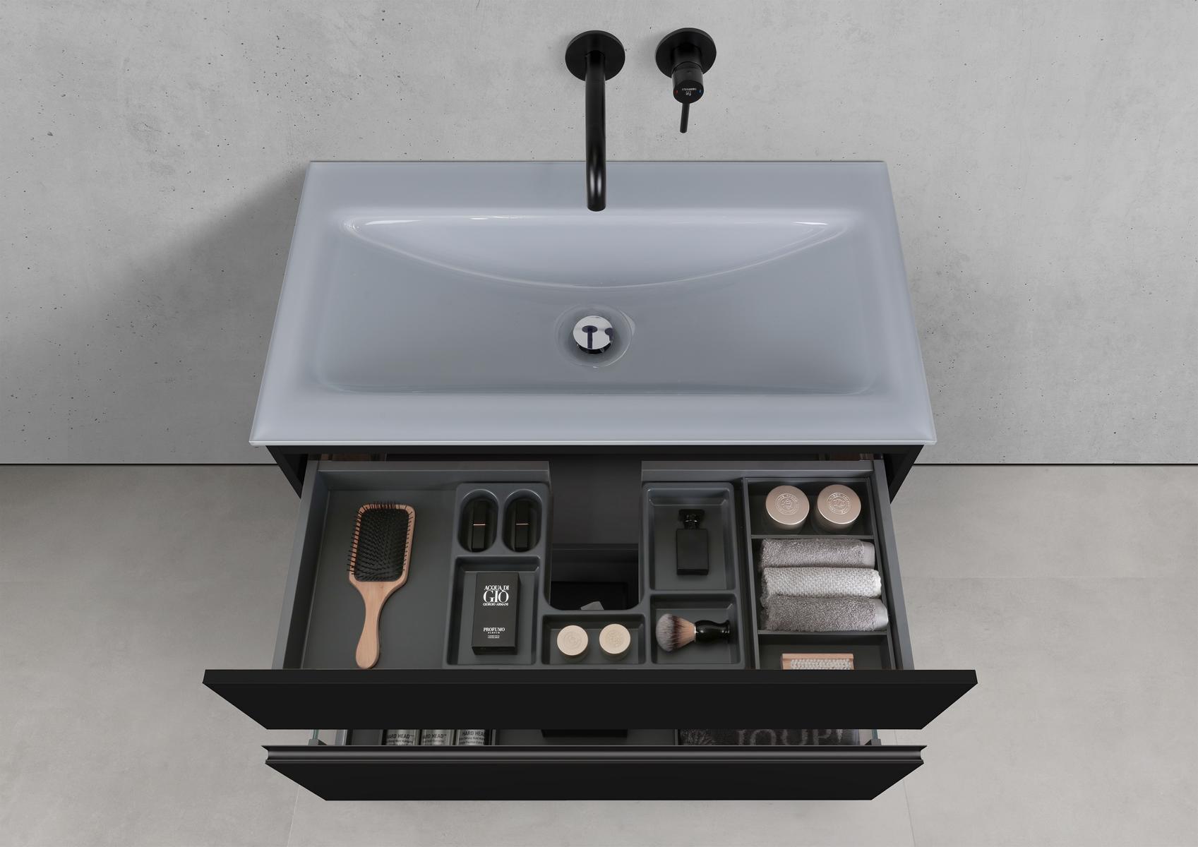 Badmöbel Set Saphir 90 cm Waschtisch & Unterschrank in Schwarz Matt Lack mit Aluminium-Griffleiste schwarz