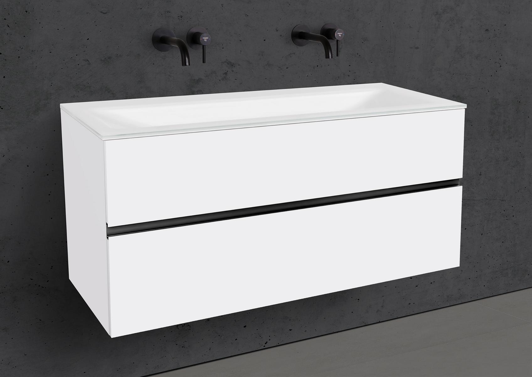 Set di mobili da bagno Zafiro da 120 cm con doppio lavabo in vetro Optiwhite e mobile sottolavabo laccato bianco opaco con maniglione in alluminio nero