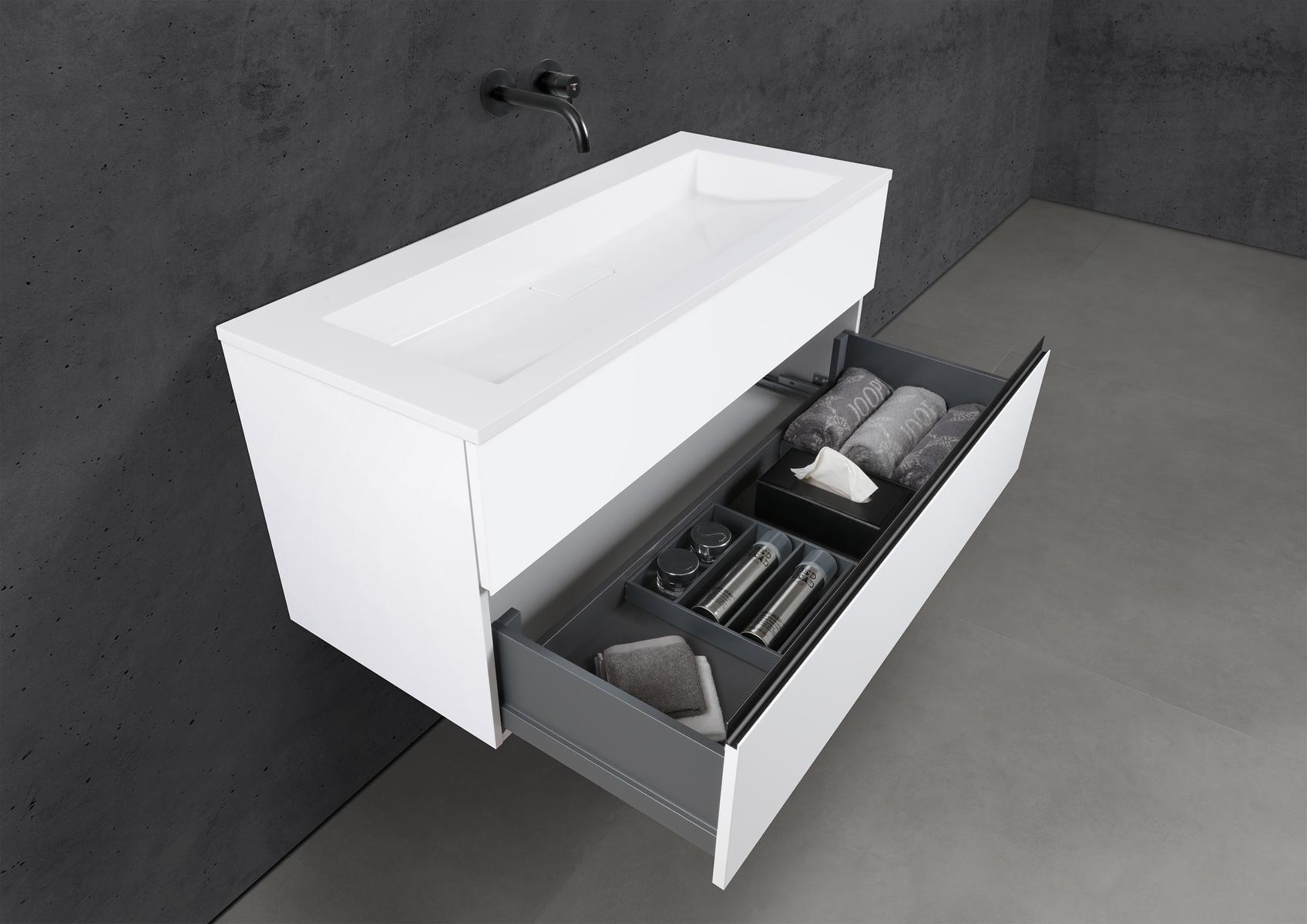 Badmöbel Set Cubo 120 cm Waschtisch & Unterschrank in Weiß Matt Lack mit Aluminium-Griffleiste schwarz