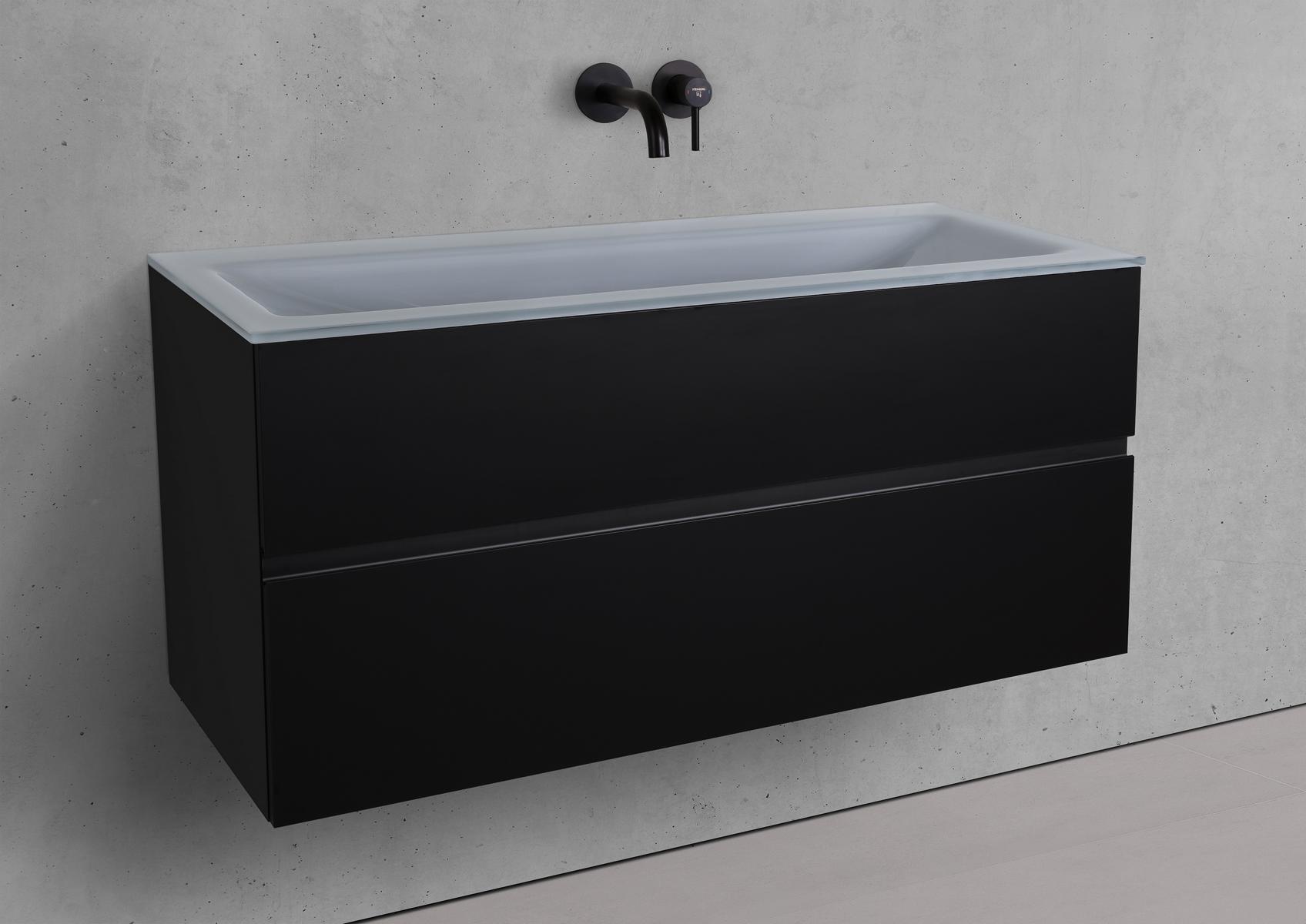 Set di mobili da bagno Zafiro da 120 cm con doppio lavabo in vetro Optiwhite e mobile sottolavabo laccato nero opaco con maniglione in alluminio nero