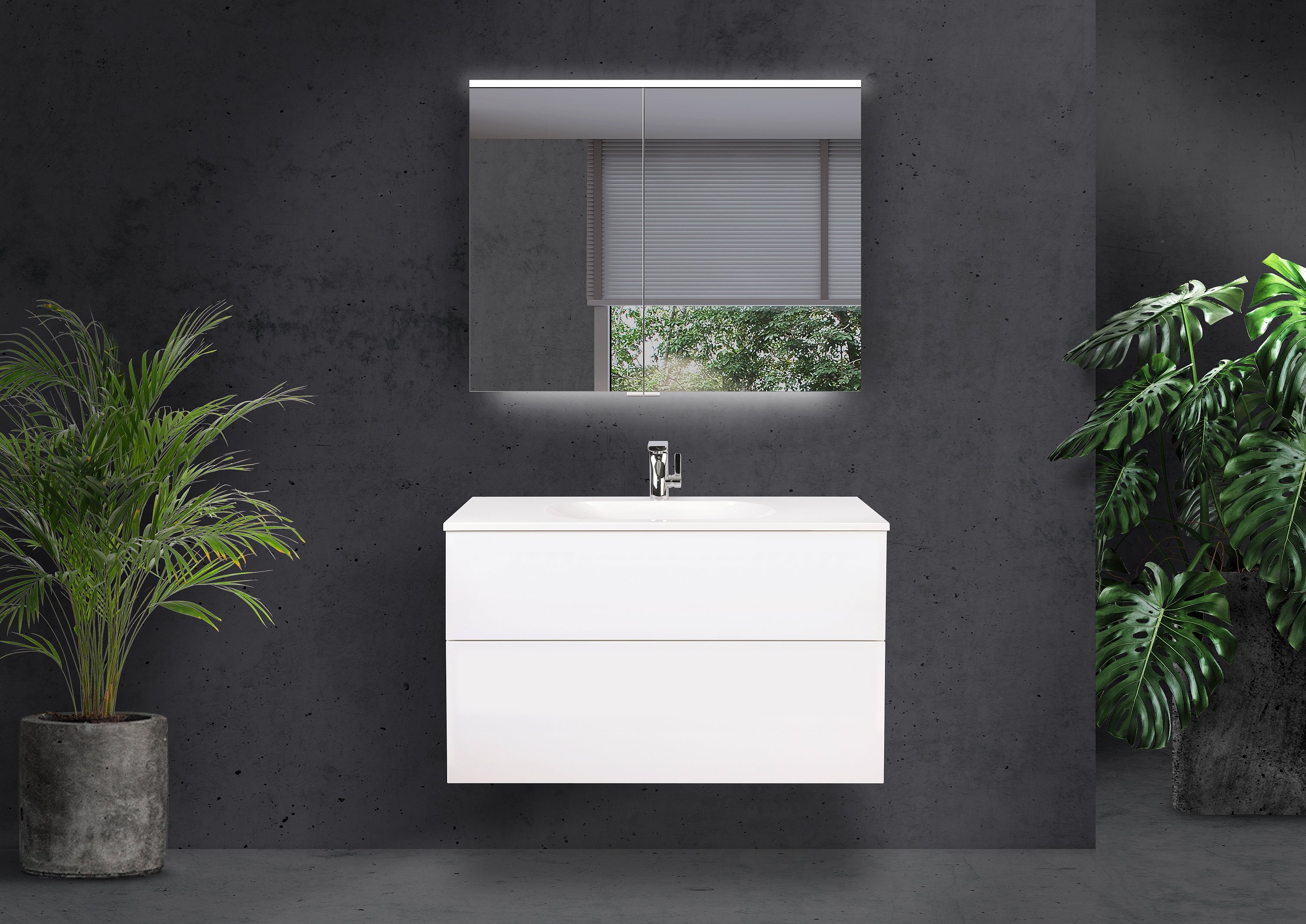 Badmöbel Set Modica 90 cm grifflos mit Evermite Waschtisch, LED Spiegelschrank, Made in Germany